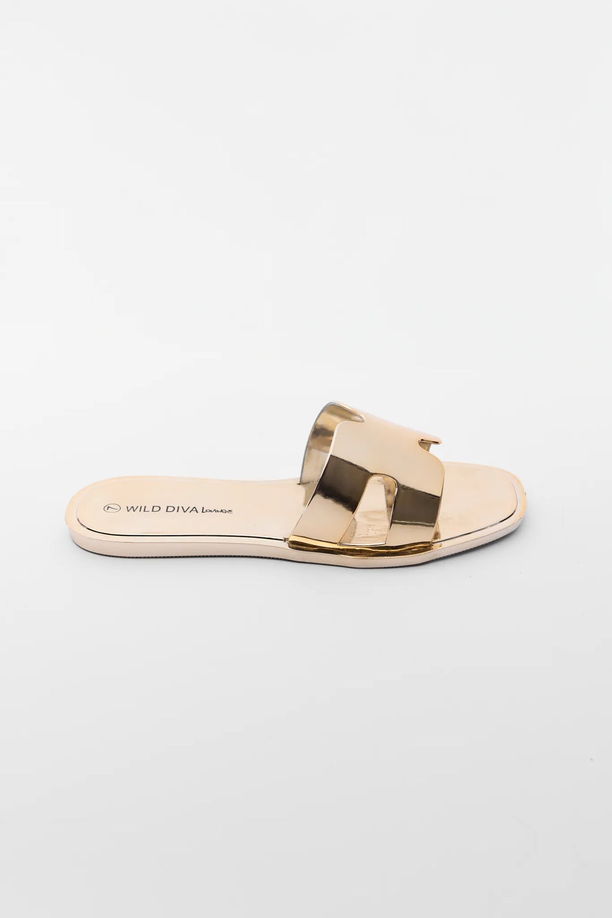 Jaclyn Gold Jelly Sandals - Single Shoe Side View, Square Toe Metallic Slide | Avara