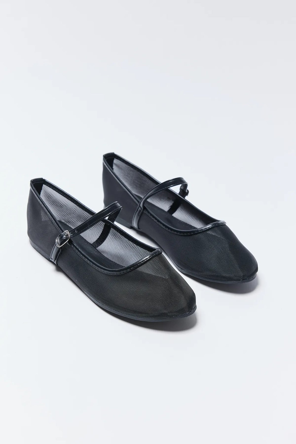Black mesh Mary Jane flats with buckle strap - Front Pair View | Avara