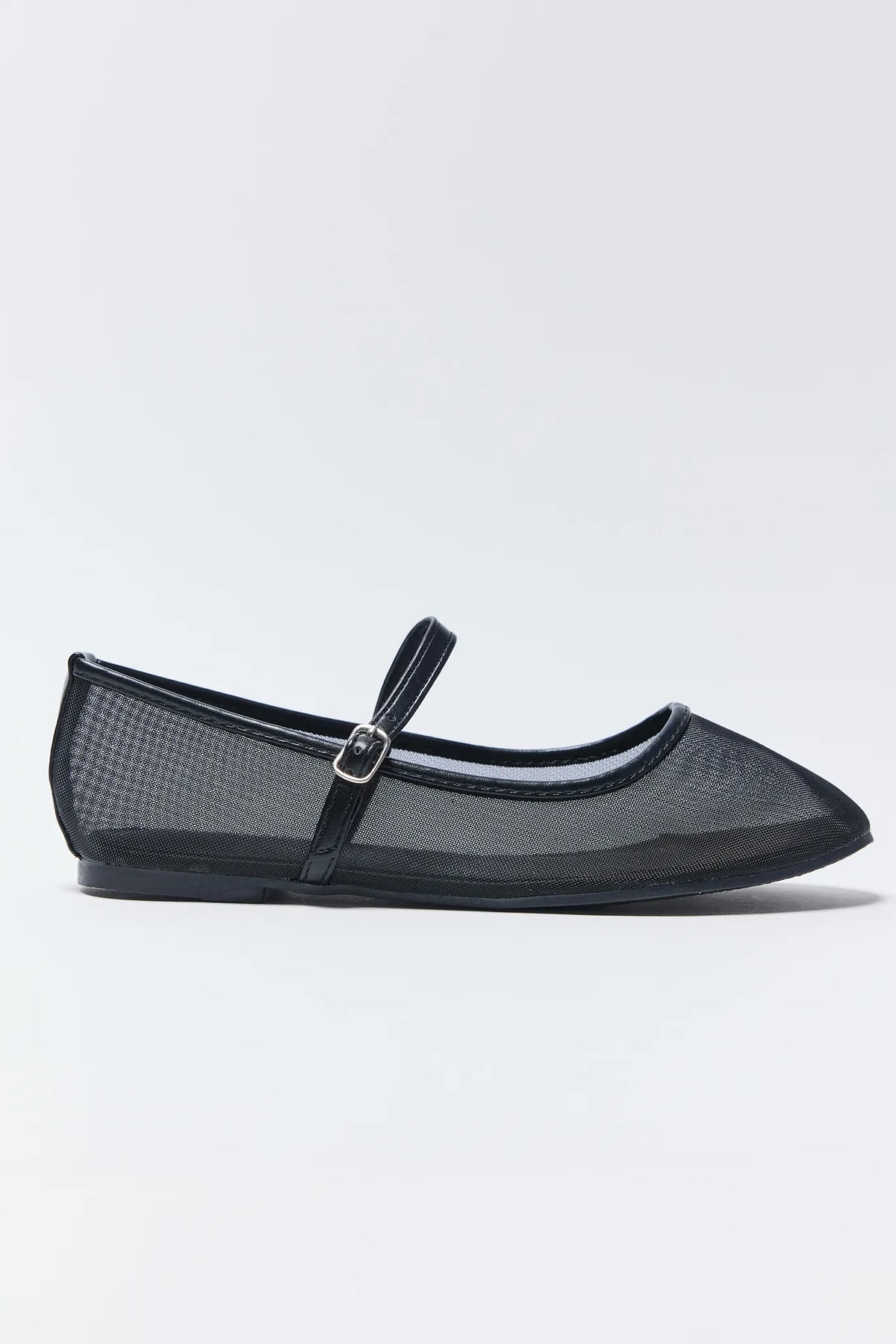 Black mesh Jane Flats with buckle strap - Side Profile View | Avara