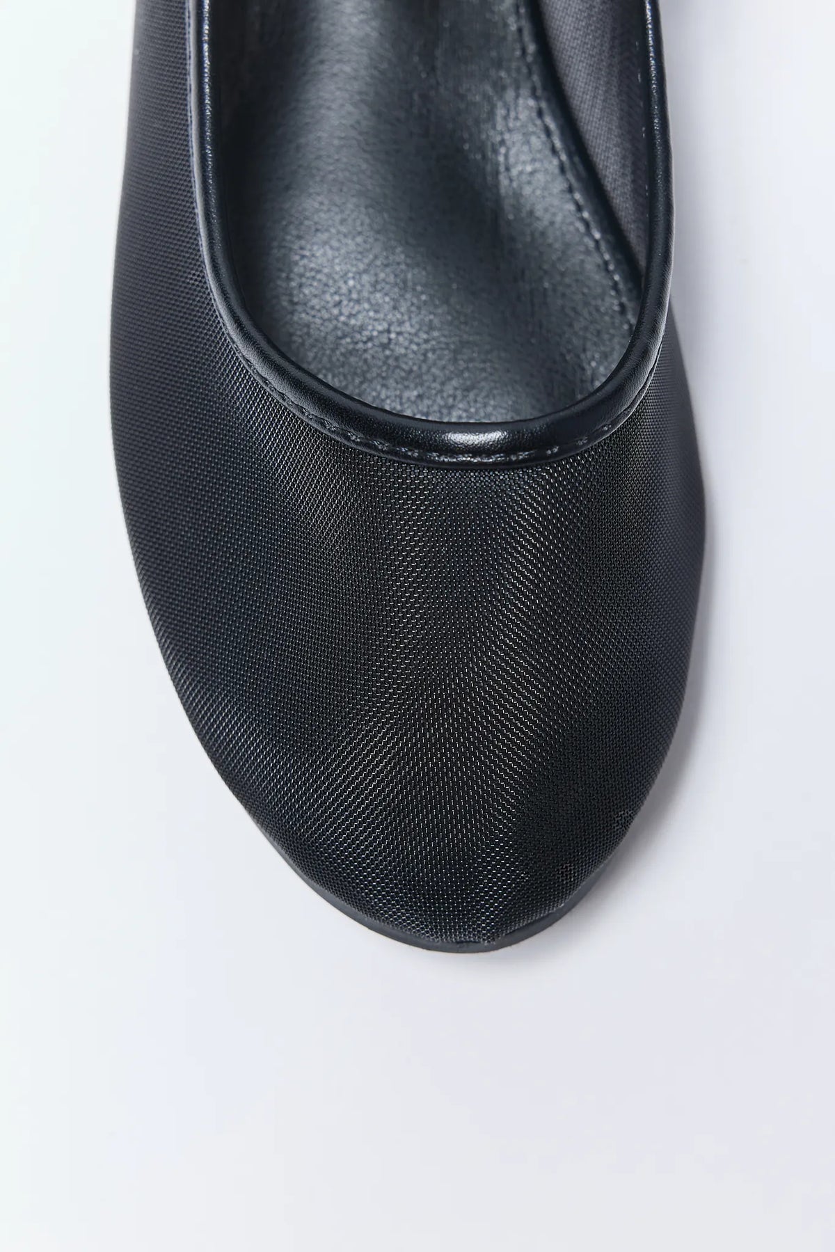 Black mesh Jane Flats round toe top-down close-up detail | Avara