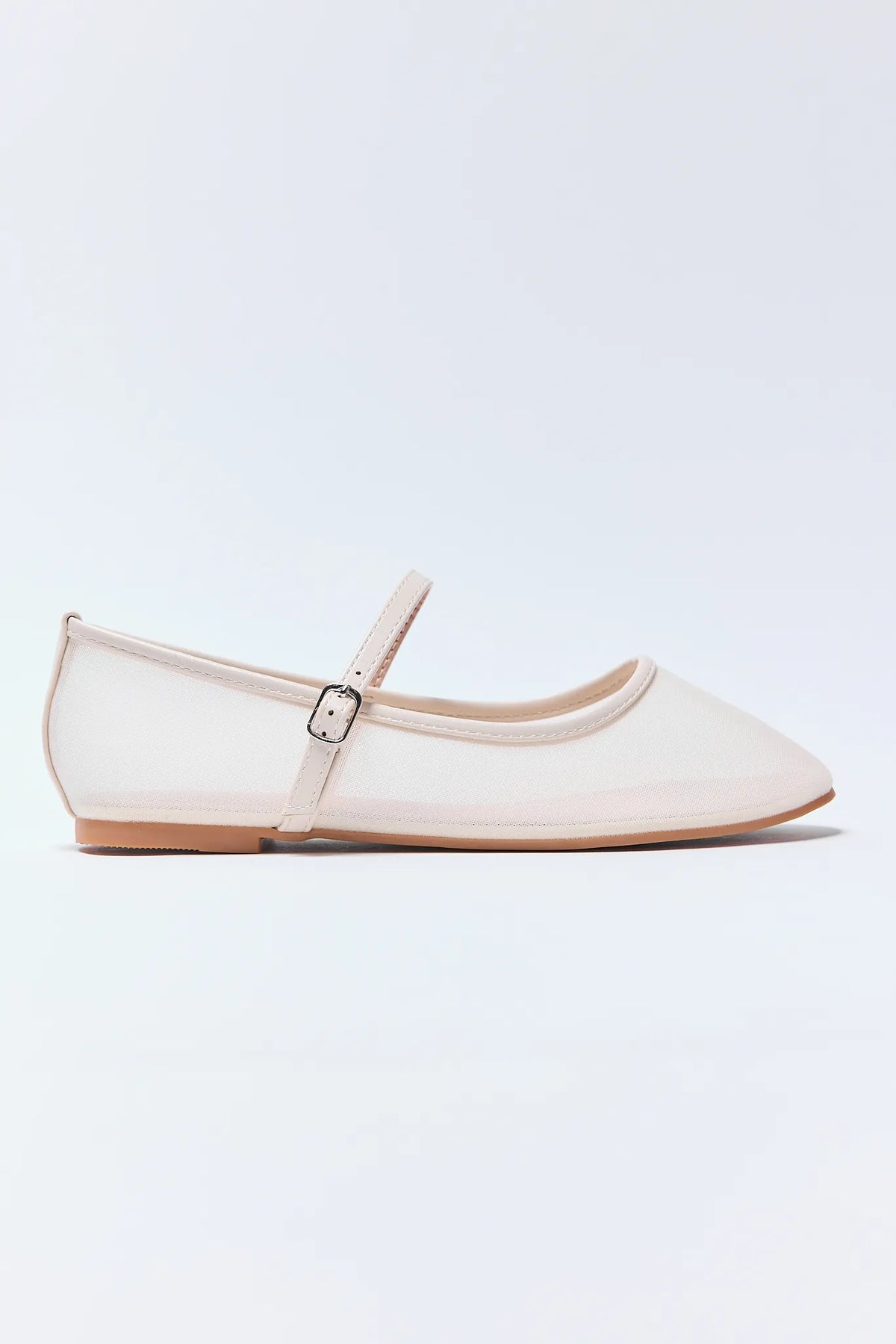 White Mesh Jane Flats with Buckle Strap - Side Profile View | Avara