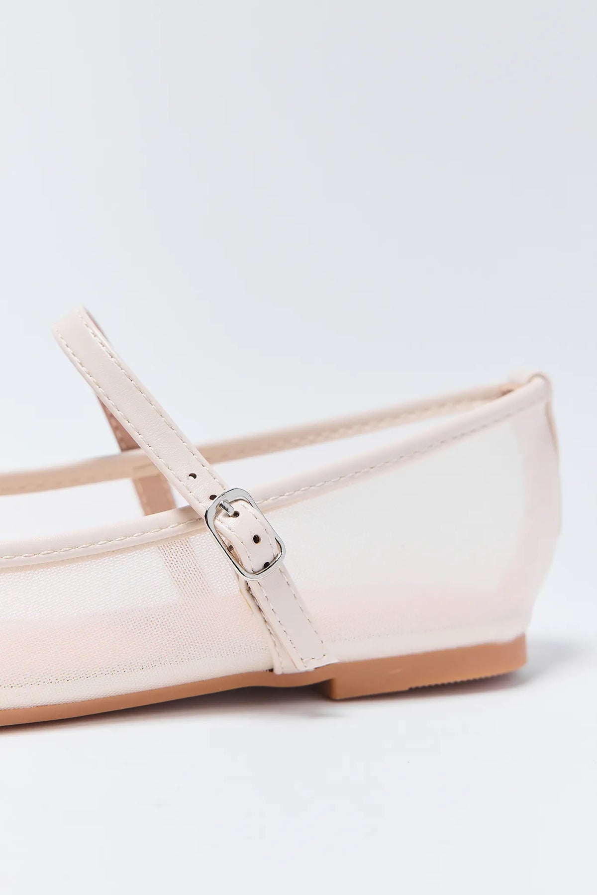 White Mesh Jane Flats Silver Buckle Strap Close-Up Detail | Avara
