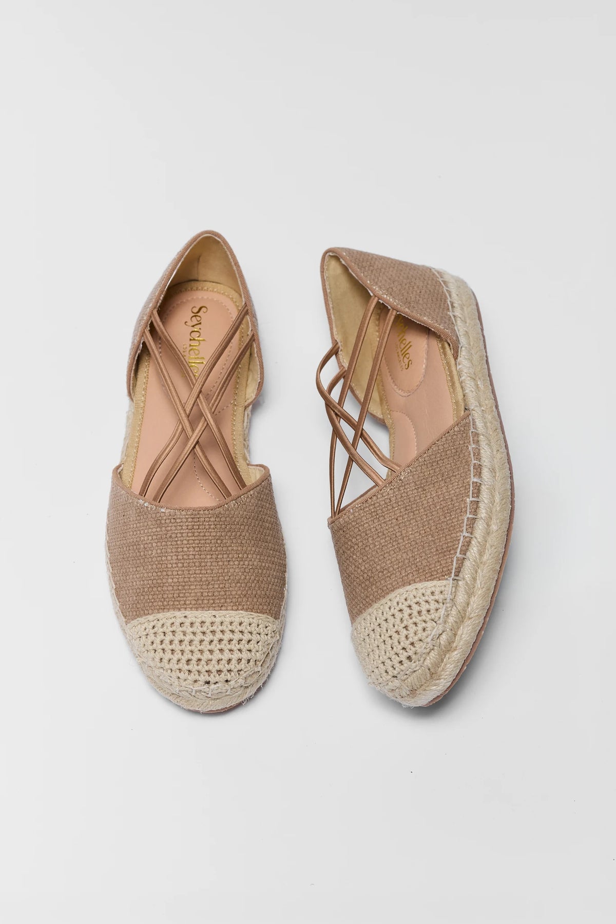 Tan flat espadrilles with crochet toe cap and cross-strap detail - Top View | Avara