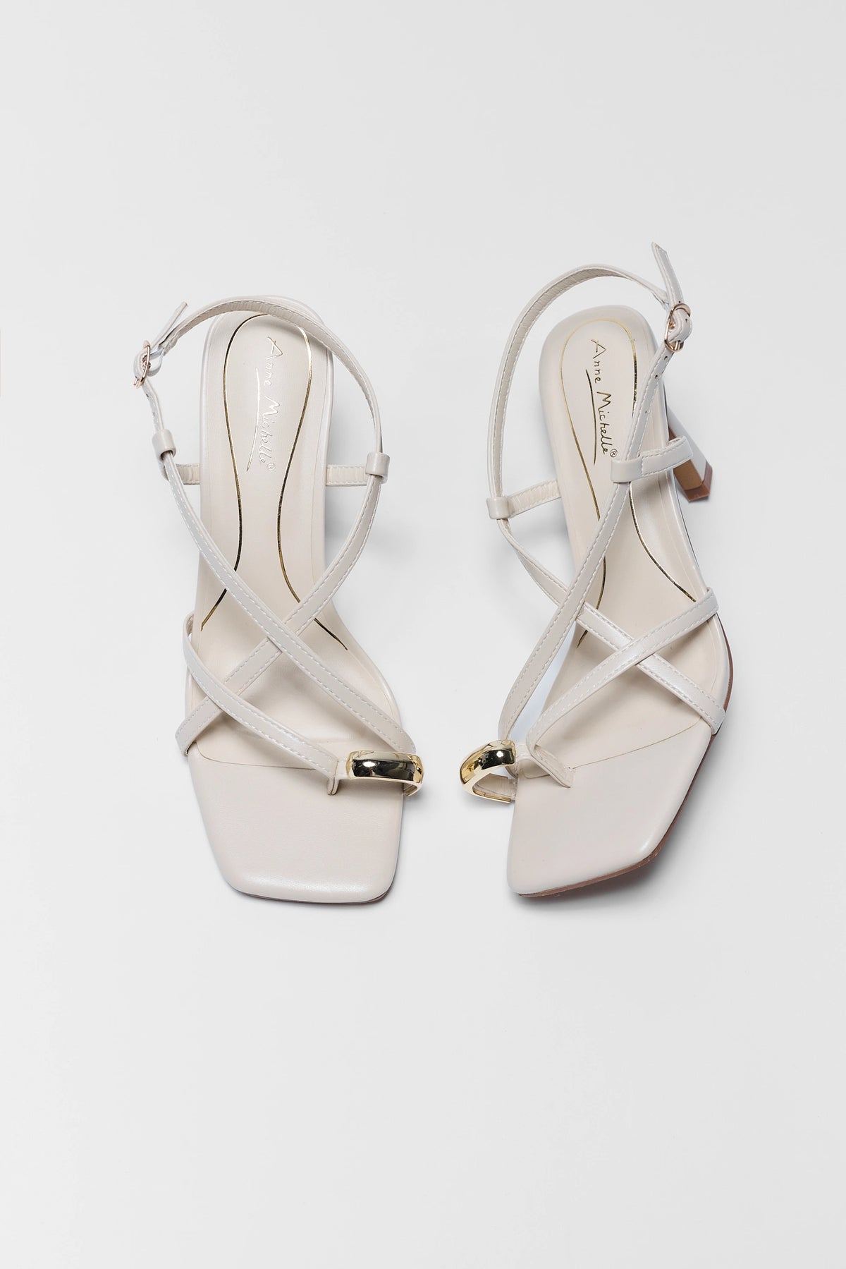 Judith Ivory Faux Leather Strap Heels - Top View, Square Toe with Gold Hardware | Avara