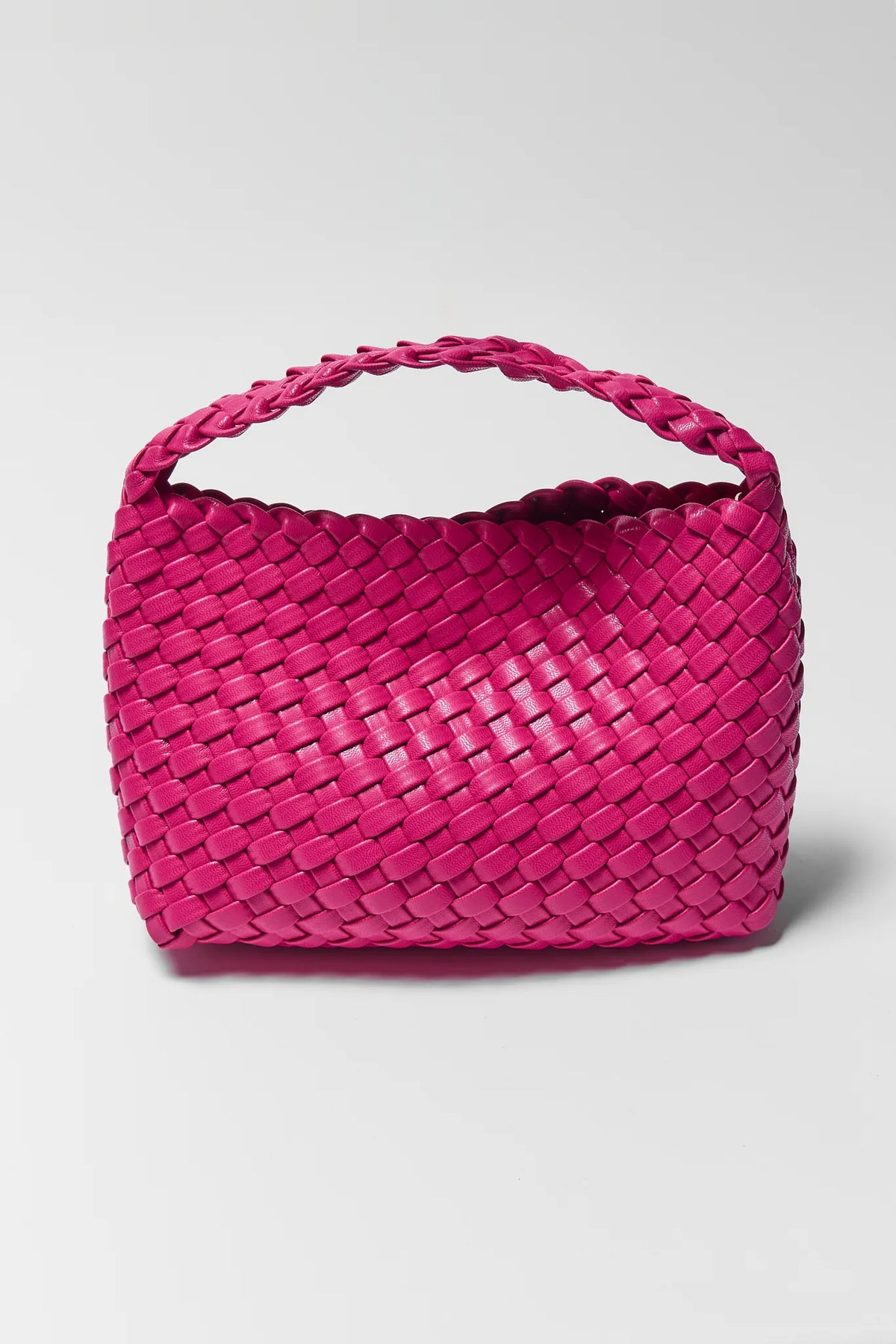 Hot Pink Faux Leather Woven Handbag - Front View | Avara
