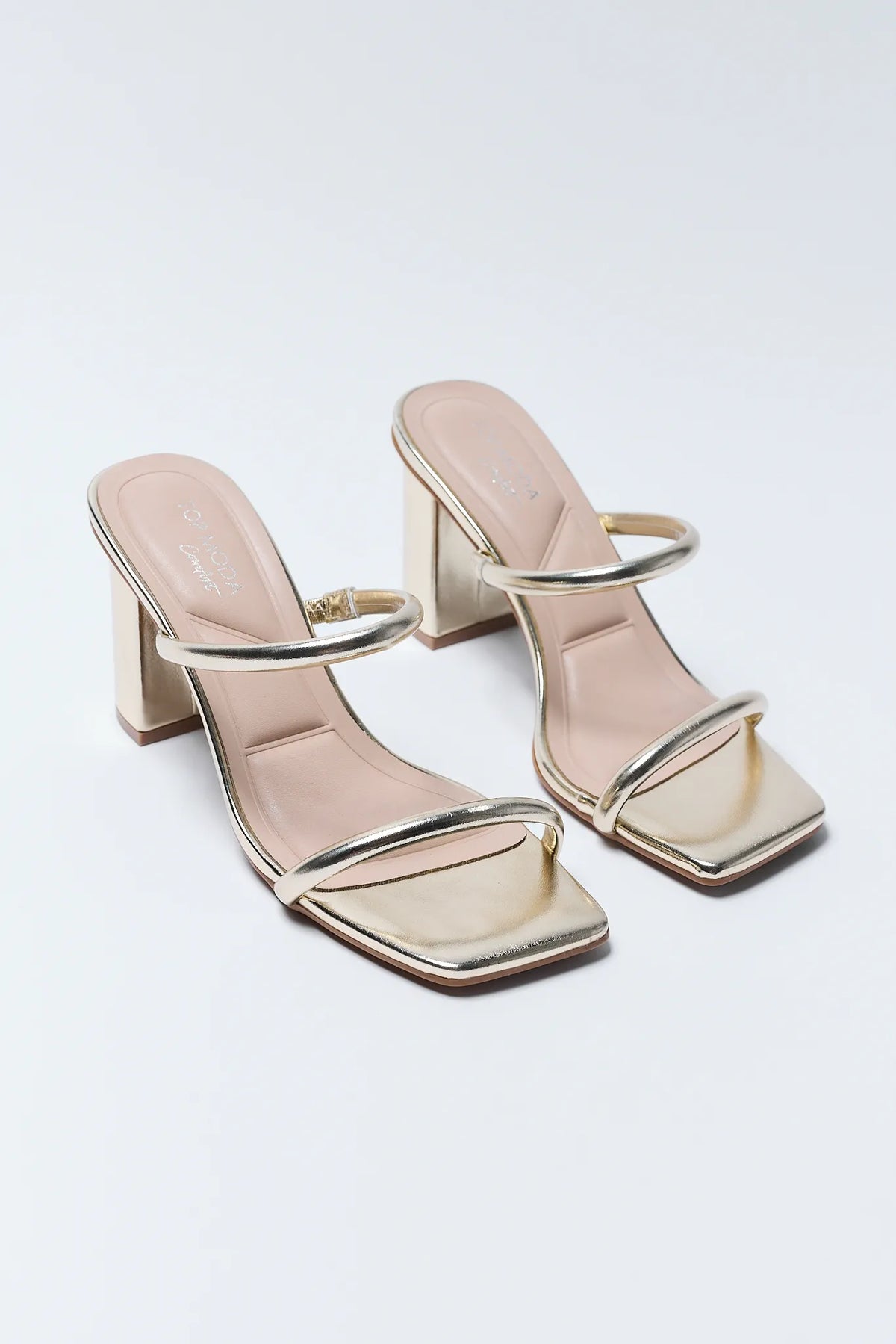 Kayce Gold Block Heels - Front 3/4 View, Metallic Double-Strap Square Toe | Avara