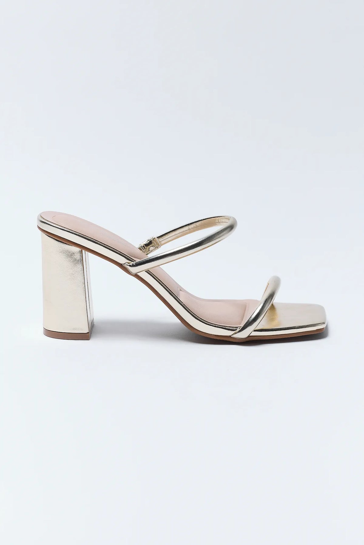 Kayce Gold Block Heels - Side Profile, Metallic Faux Leather Two-Strap Sandal | Avara