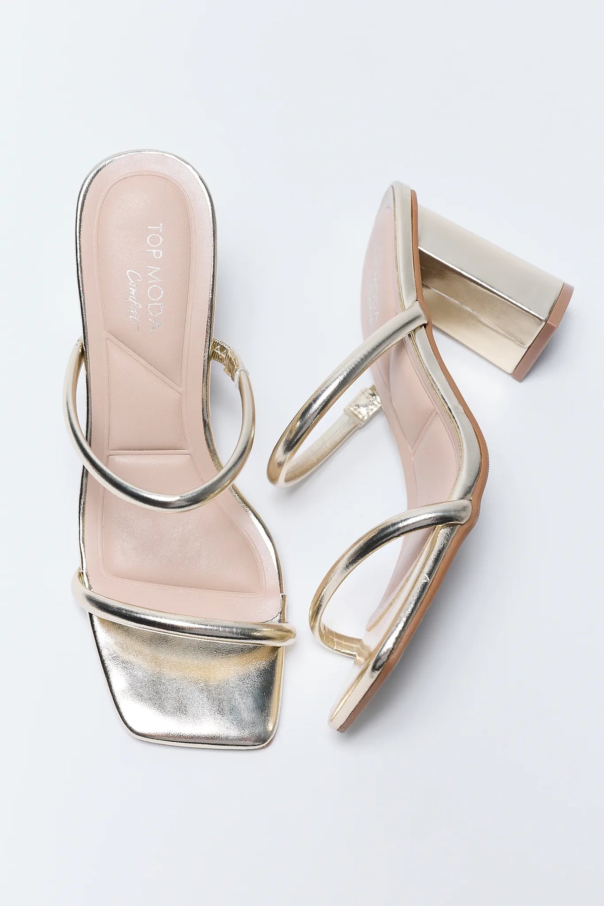 Kayce Gold Block Heels - Top & Side View, Metallic Double-Strap Sandal | Avara