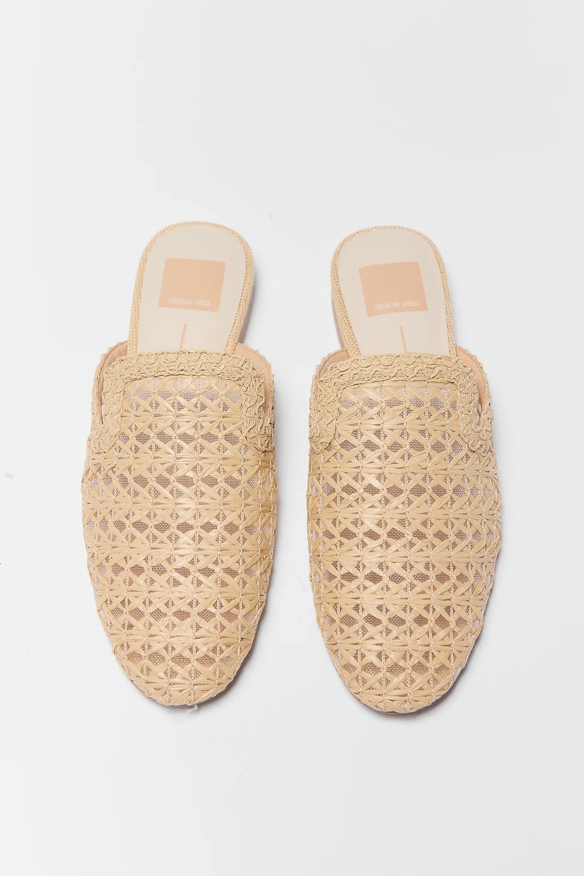 Tan raffia mules top-down view showing woven upper detail - Dolce Vita Kirt | Avara