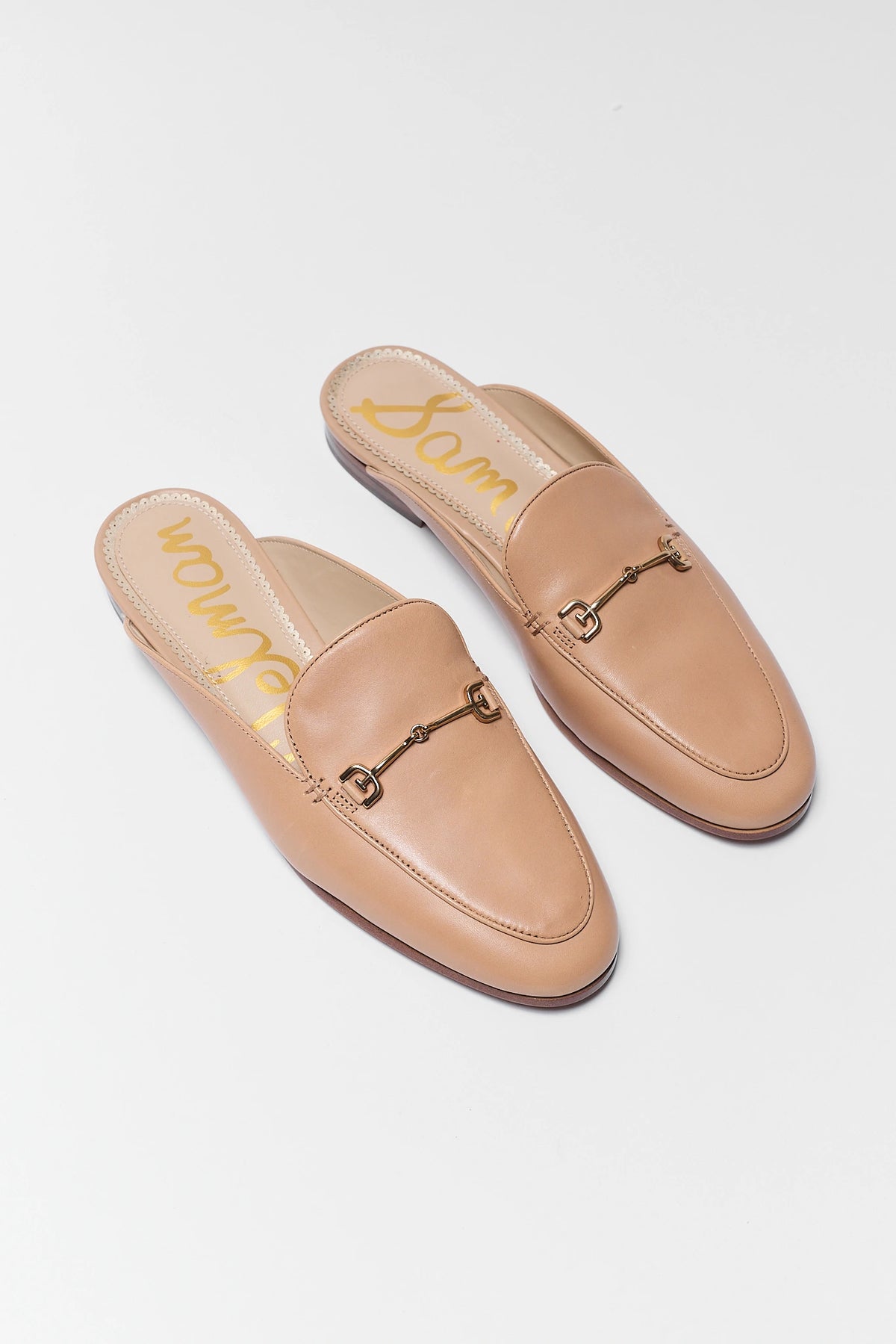 Sam Edelman Linnie Tan Bit Mule - Angled Pair with Gold Hardware Detail | Avara