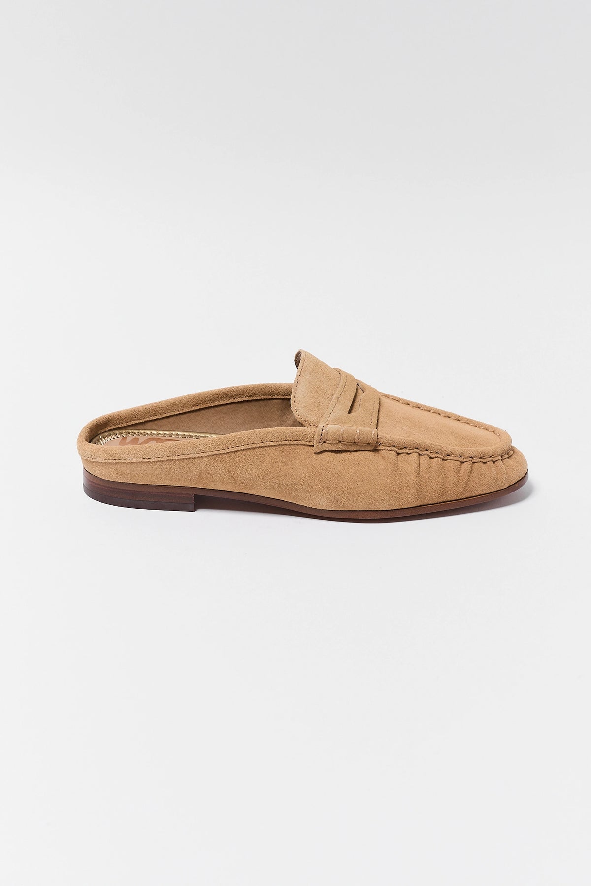 Tan Suede Flat Mule - Side Profile View | Avara