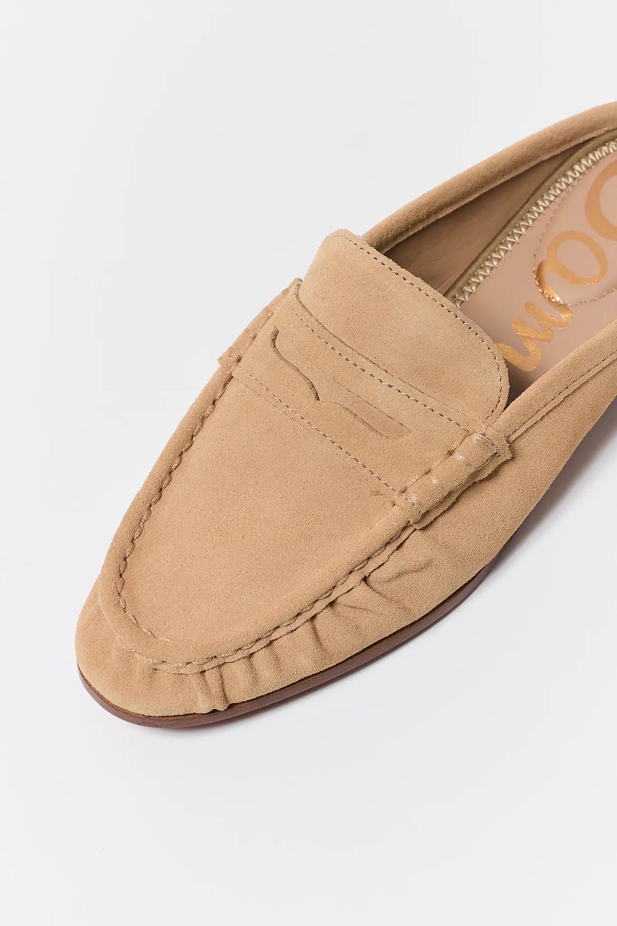 Tan Suede Penny Loafer Mule - Toe Box and Stitching Detail | Avara