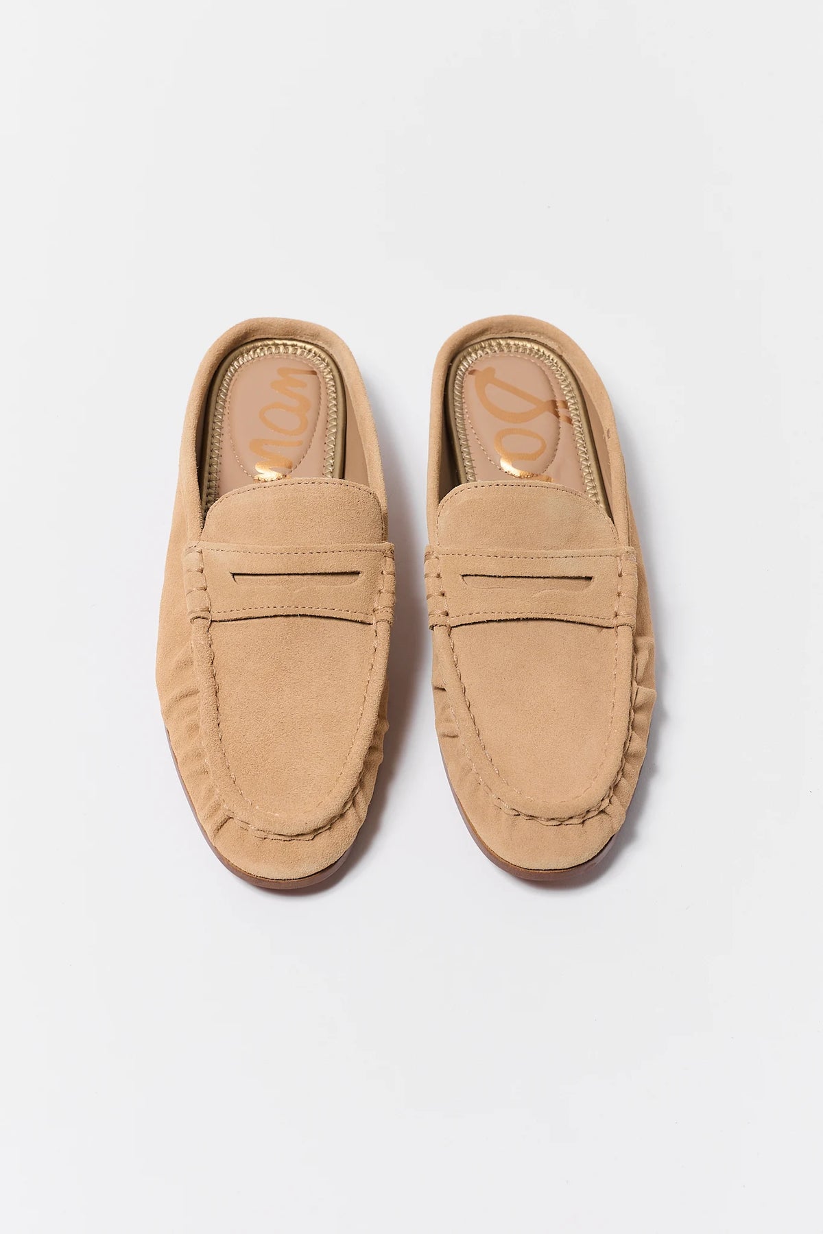Tan Suede Loafer Mules - Top-Down Flat Lay Pair | Avara