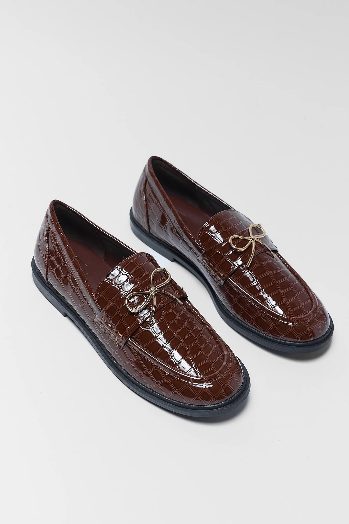 Brown Croc-Style Faux Leather Loafers - Angled Pair Flat Lay | Avara
