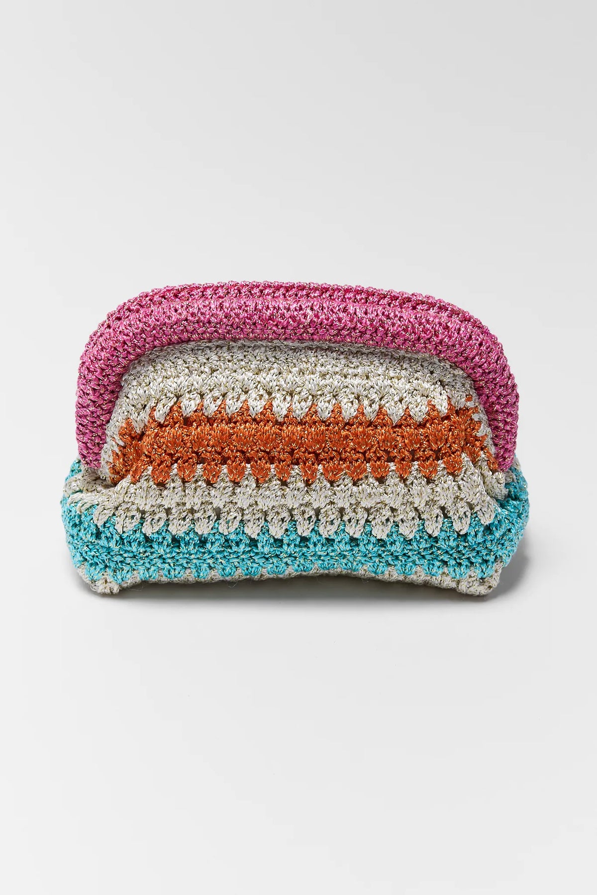 Multicolor Striped Woven Clutch Front View, Pink Orange Teal Metallic Crochet | Avara