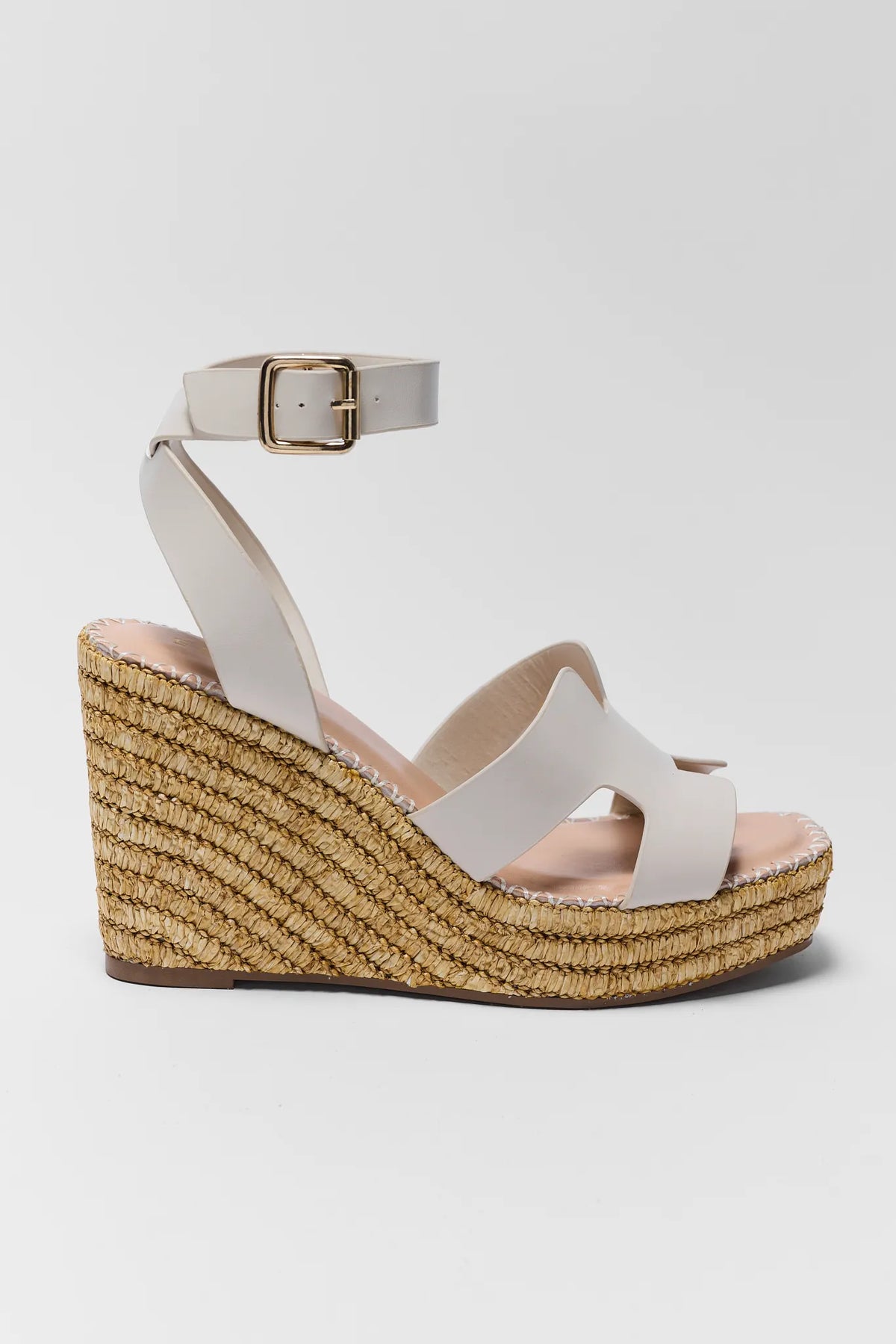 Ivory Wedge Sandal with Woven Raffia Platform and Gold Buckle Ankle Strap - Side View | Avara