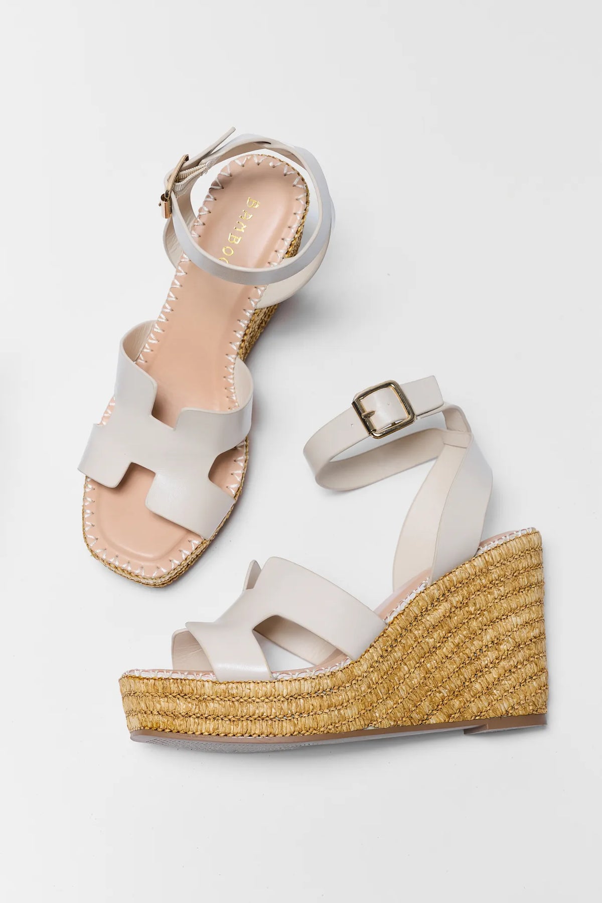 Ivory Faux Leather Wedge Sandals with Raffia Platform - Flat Lay Pair | Avara
