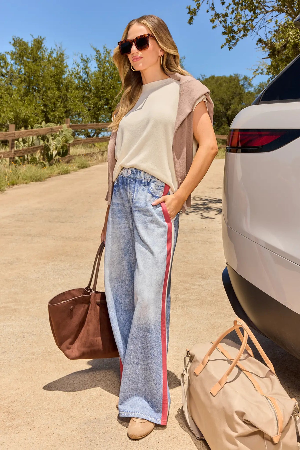 Maeve Red Stripe Wide Leg Track Pants - Outdoor Styled Look with Tote Bag | Avara