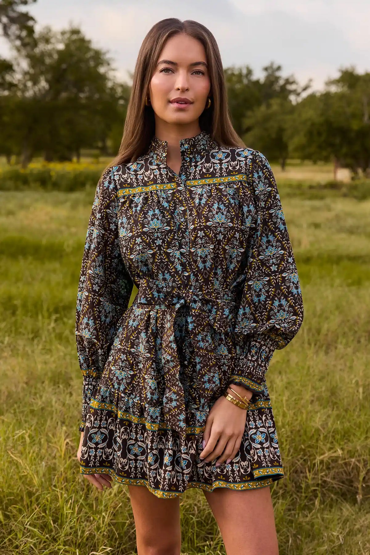Brown Floral Printed Short Dress - Front View, Outdoor Lifestyle | Avara
