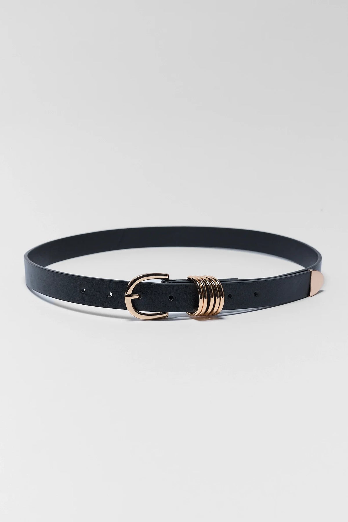 Marley Black Faux Leather Belt laid flat showing gold oval buckle and stacked ring detail - Product View | Avara