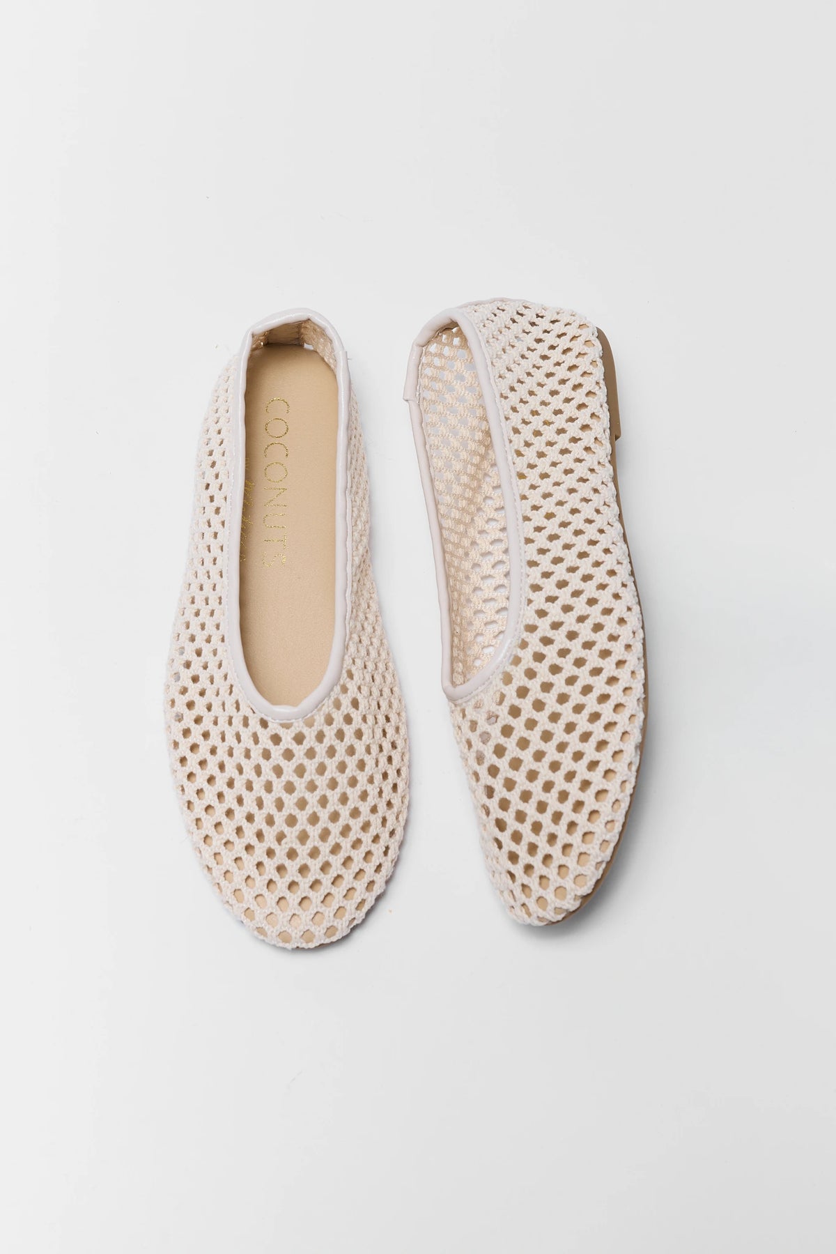 Cream woven flats flat lay top view showing open mesh texture and tan insole - Matisse Marta | Avara