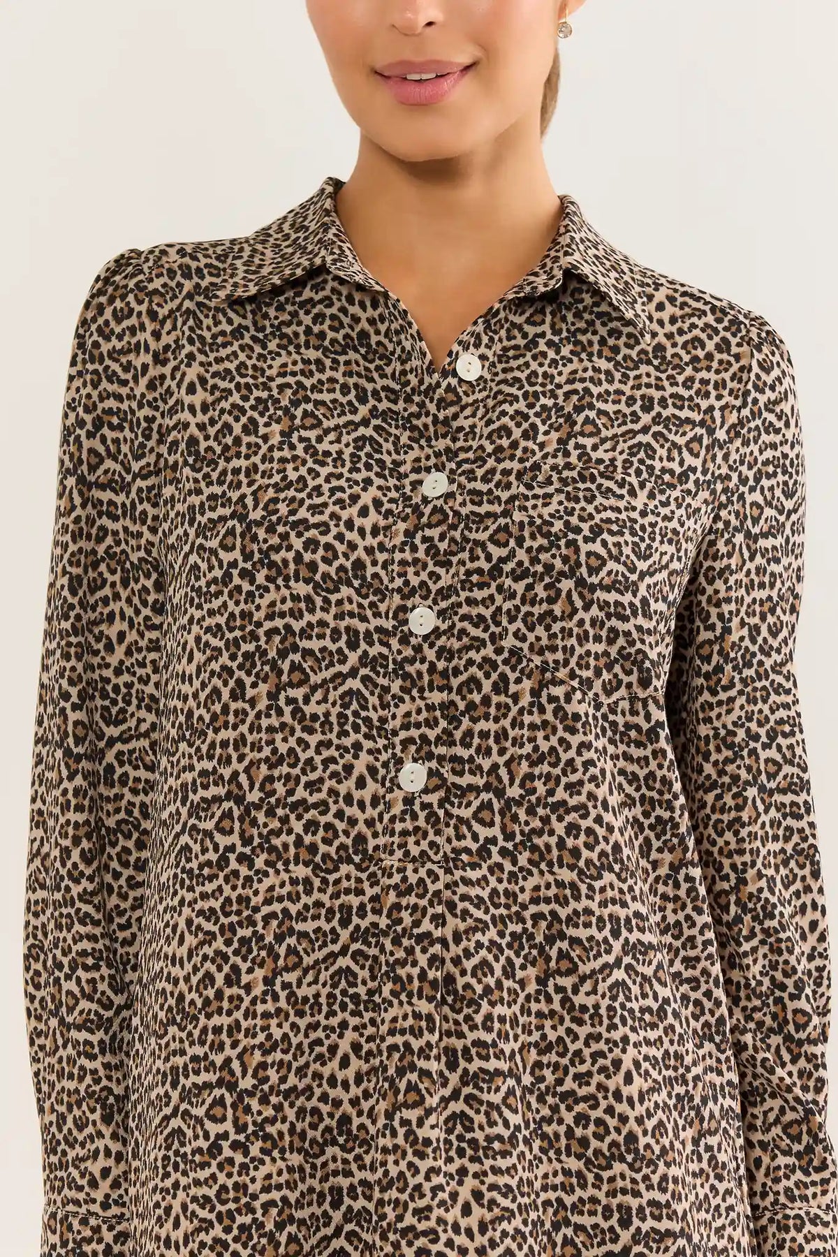 Leopard Print Shirt Dress - Button Front & Collar Close-Up Detail | Avara