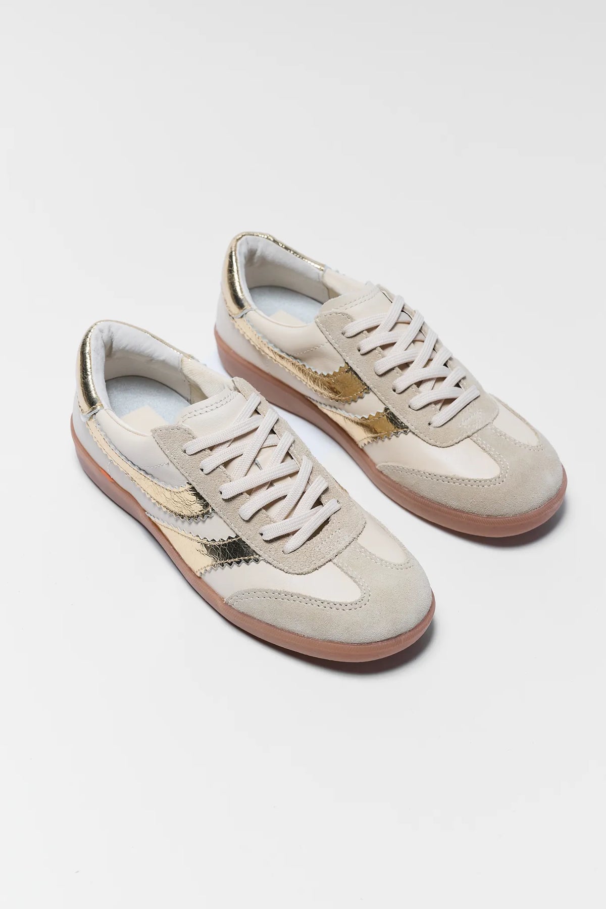 Dolce Vita Merit Gold Sneakers - Pair Top View, Cream Suede and Leather with Gold Accents and Gum Sole | Avara