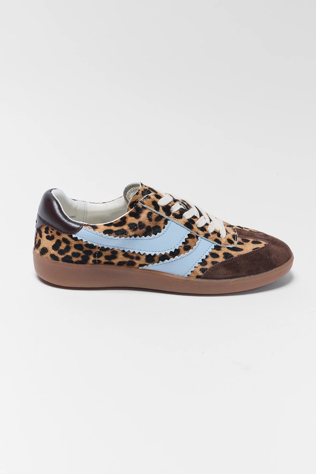 Dolce Vita Merit Leopard Sneakers - Side Profile View, Gum Sole & Blue Stripe | Avara