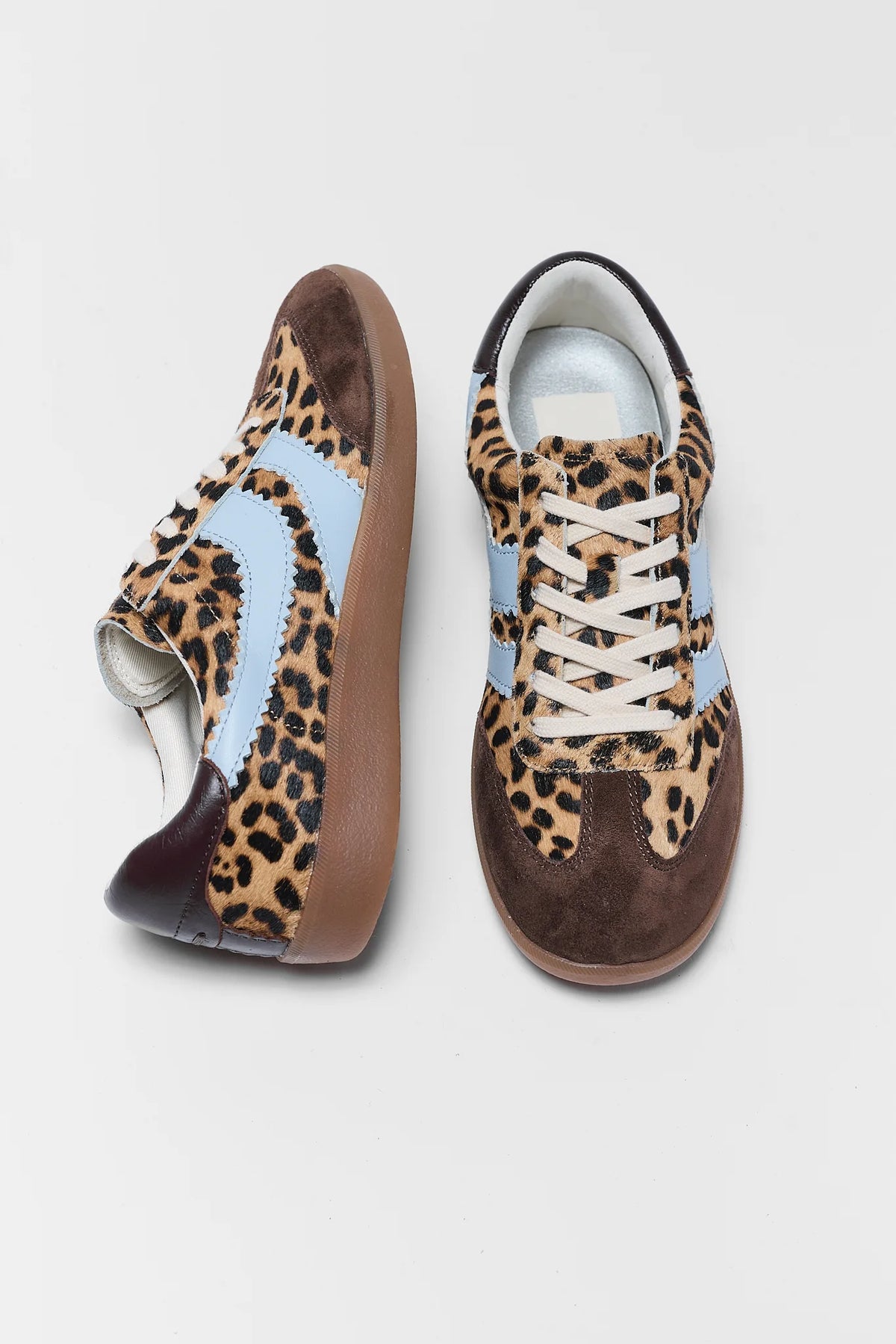 Dolce Vita Merit Leopard Print Sneakers - Top & Side Flat Lay, Blue Stripe Detail | Avara