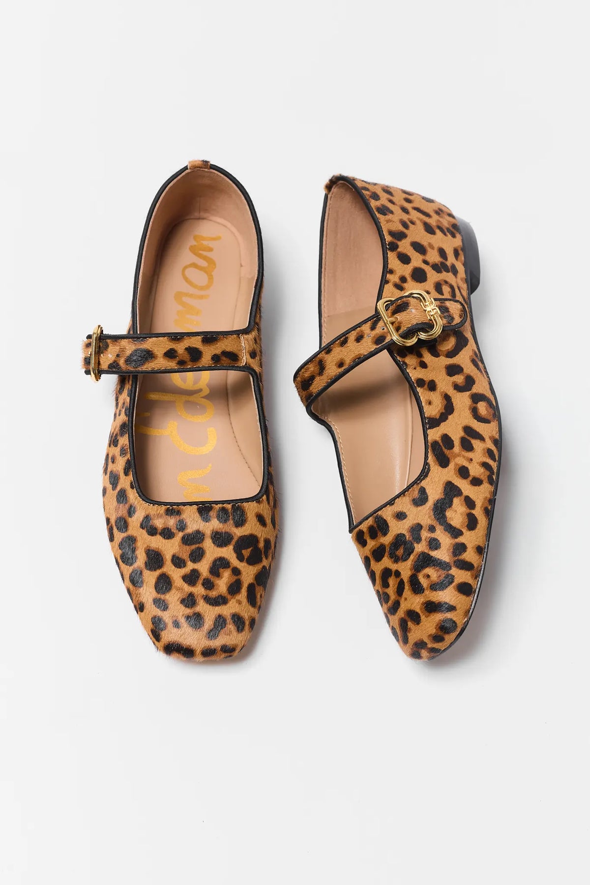 Sam Edelman Michaela Leopard Print Mary Jane Flats - Top View Pair with Gold Buckle Strap | Avara