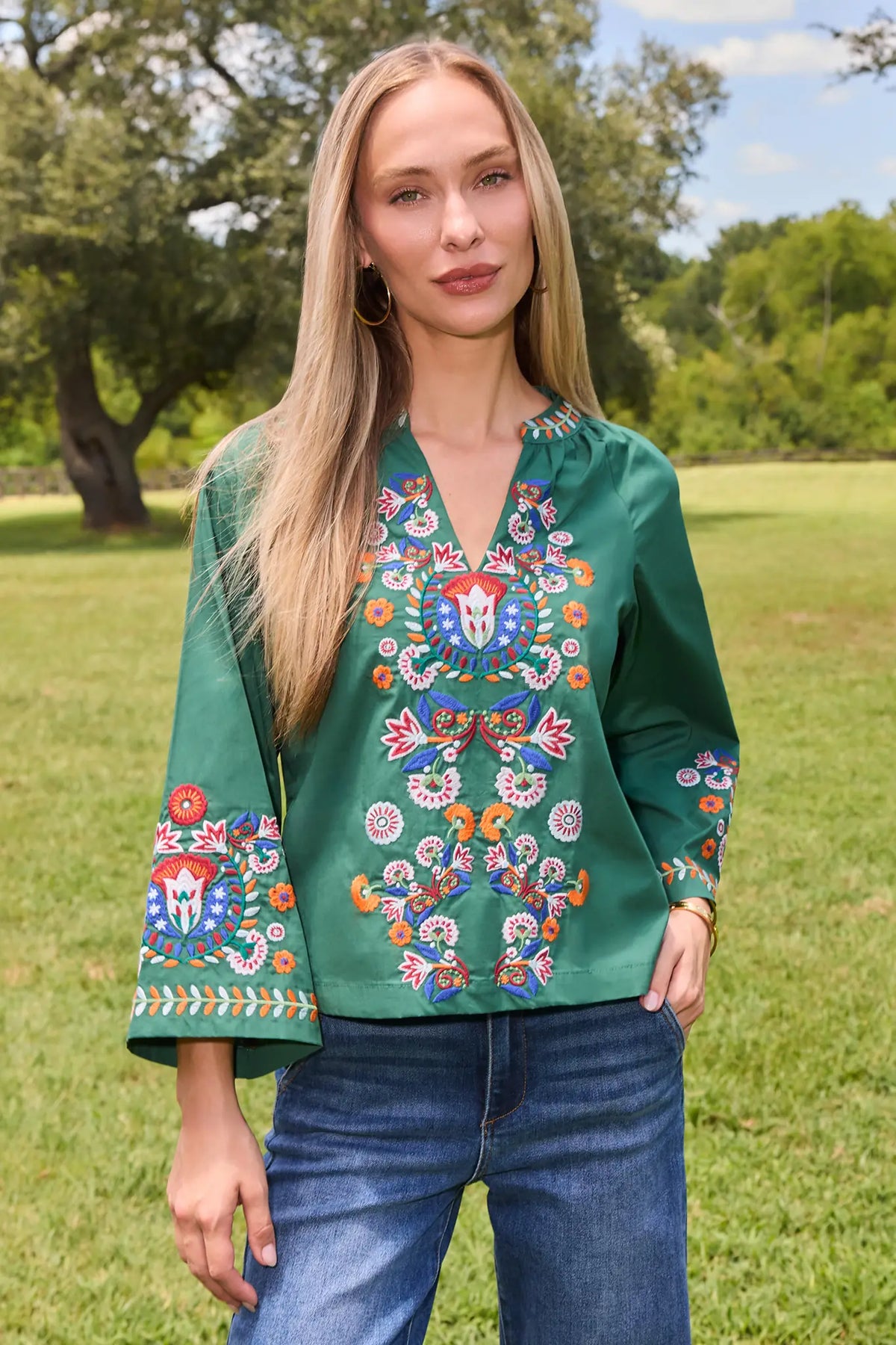 Green Cotton Embroidered Top - Front View On Model Outdoors | Avara