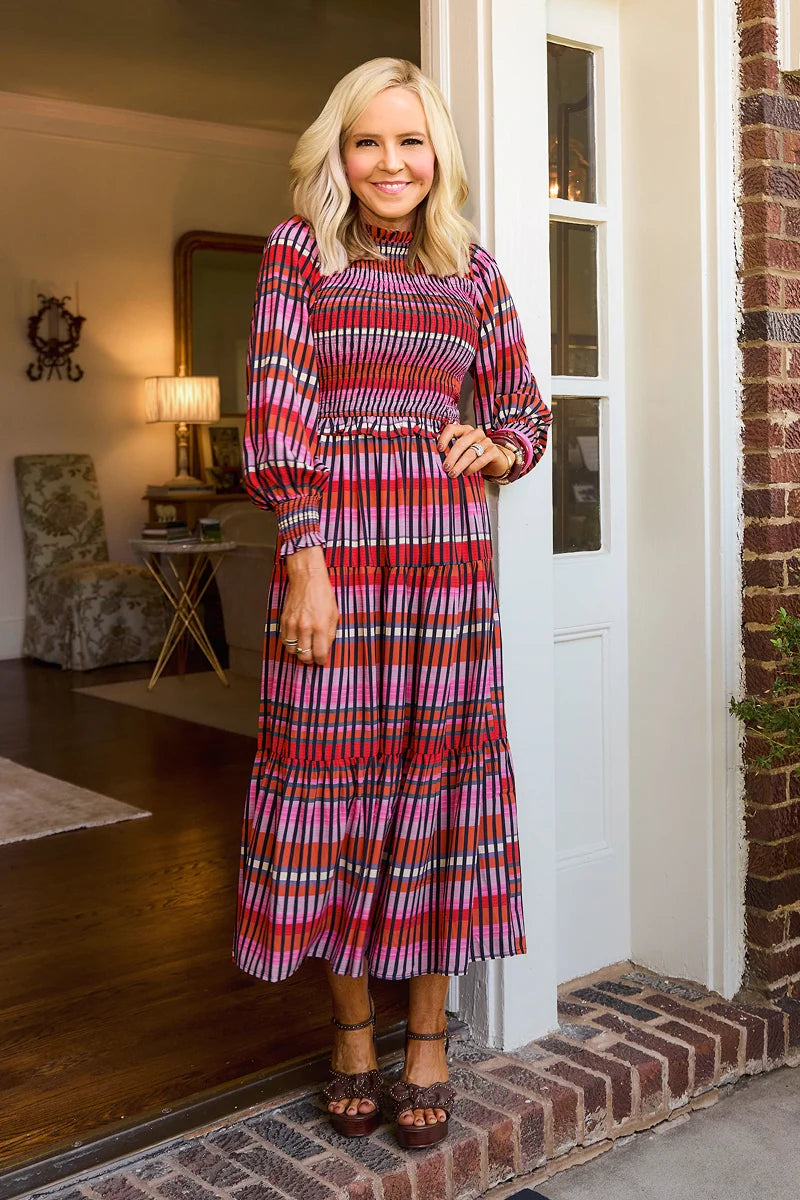 Black Multi Print Smocked Midi Dress - Full-Length Lifestyle Shot On Model | Avara