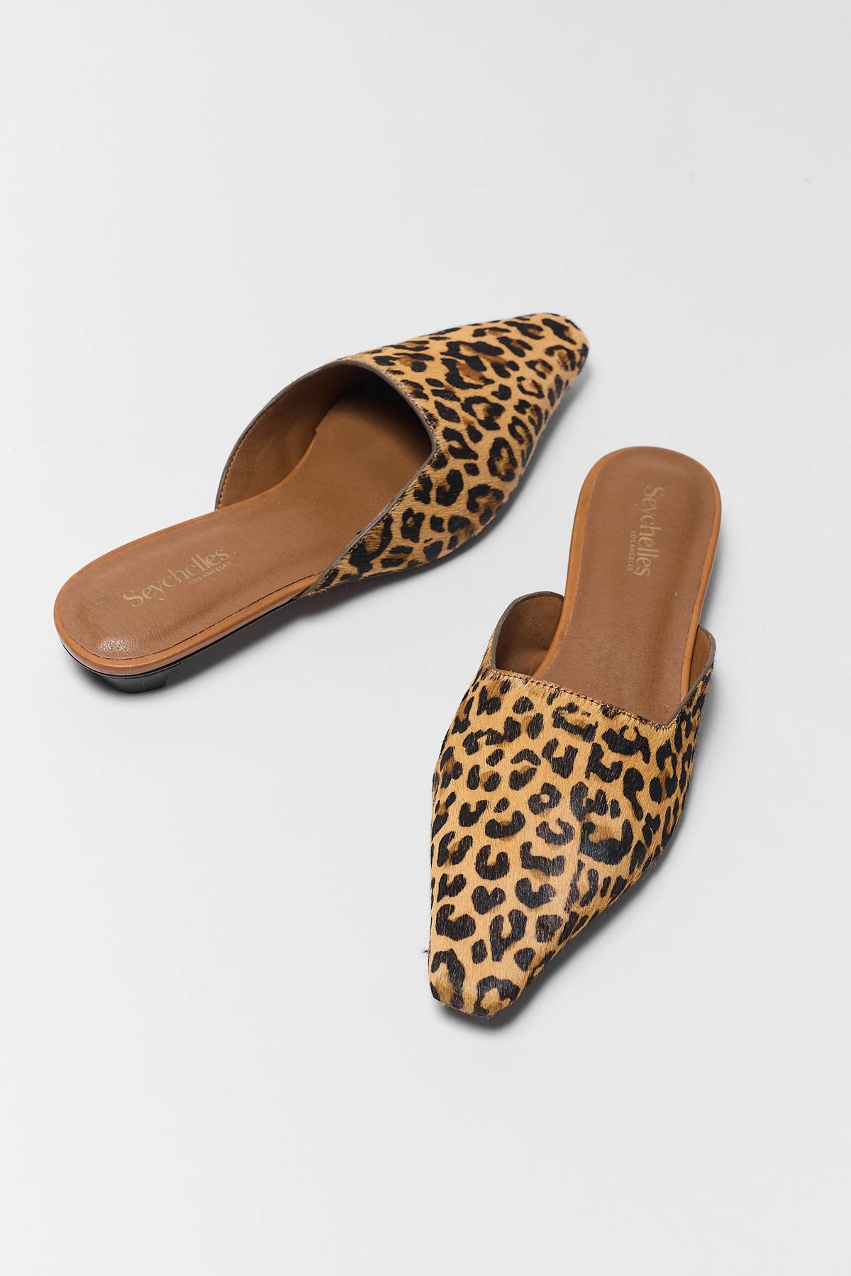 Brown Leopard Print Faux Ponyhair Mules - Overhead Pair View | Avara