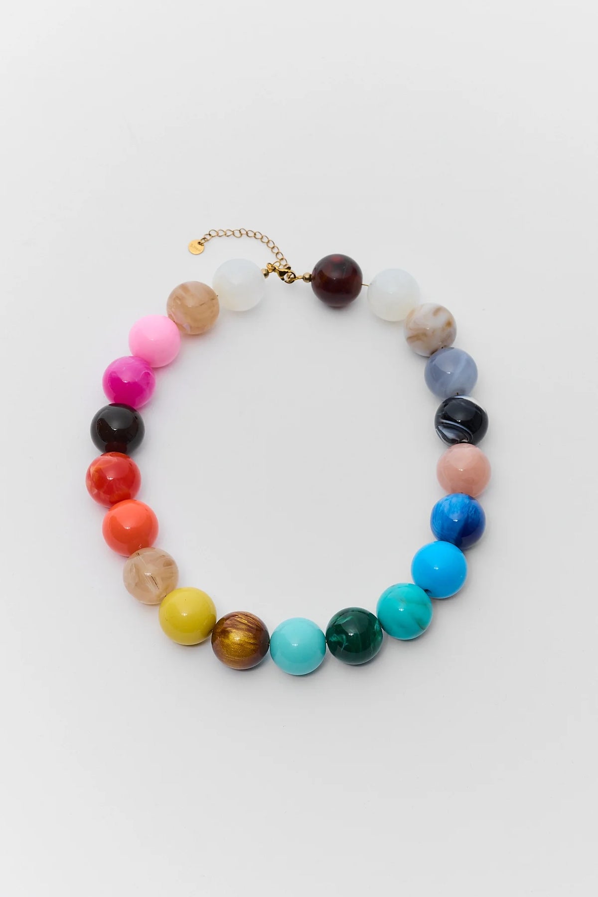 Multicolor resin beaded necklace with gold clasp - Flat Lay, rainbow round beads | Avara