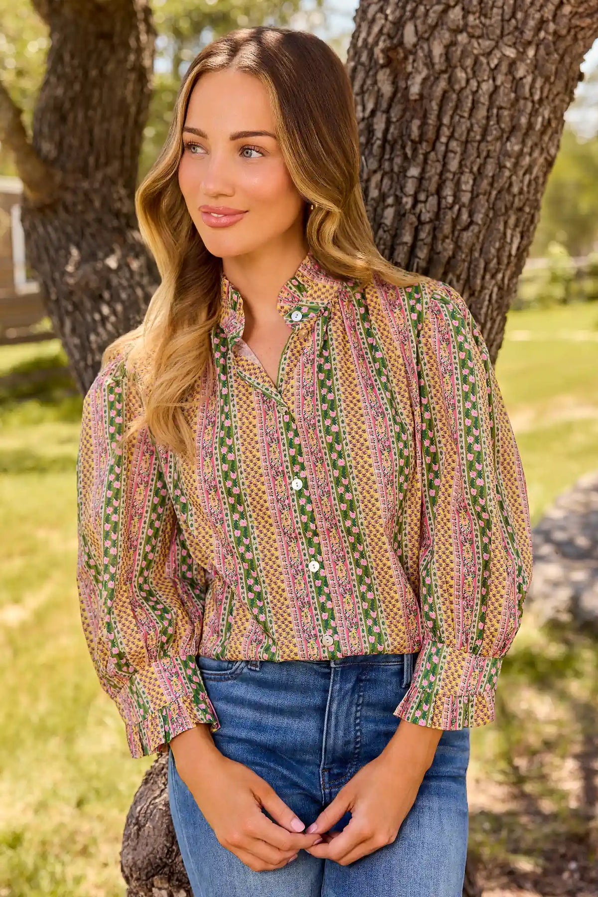 Multi Floral Printed Ruffle Collar Top - On Model Outdoor Front View | Avara