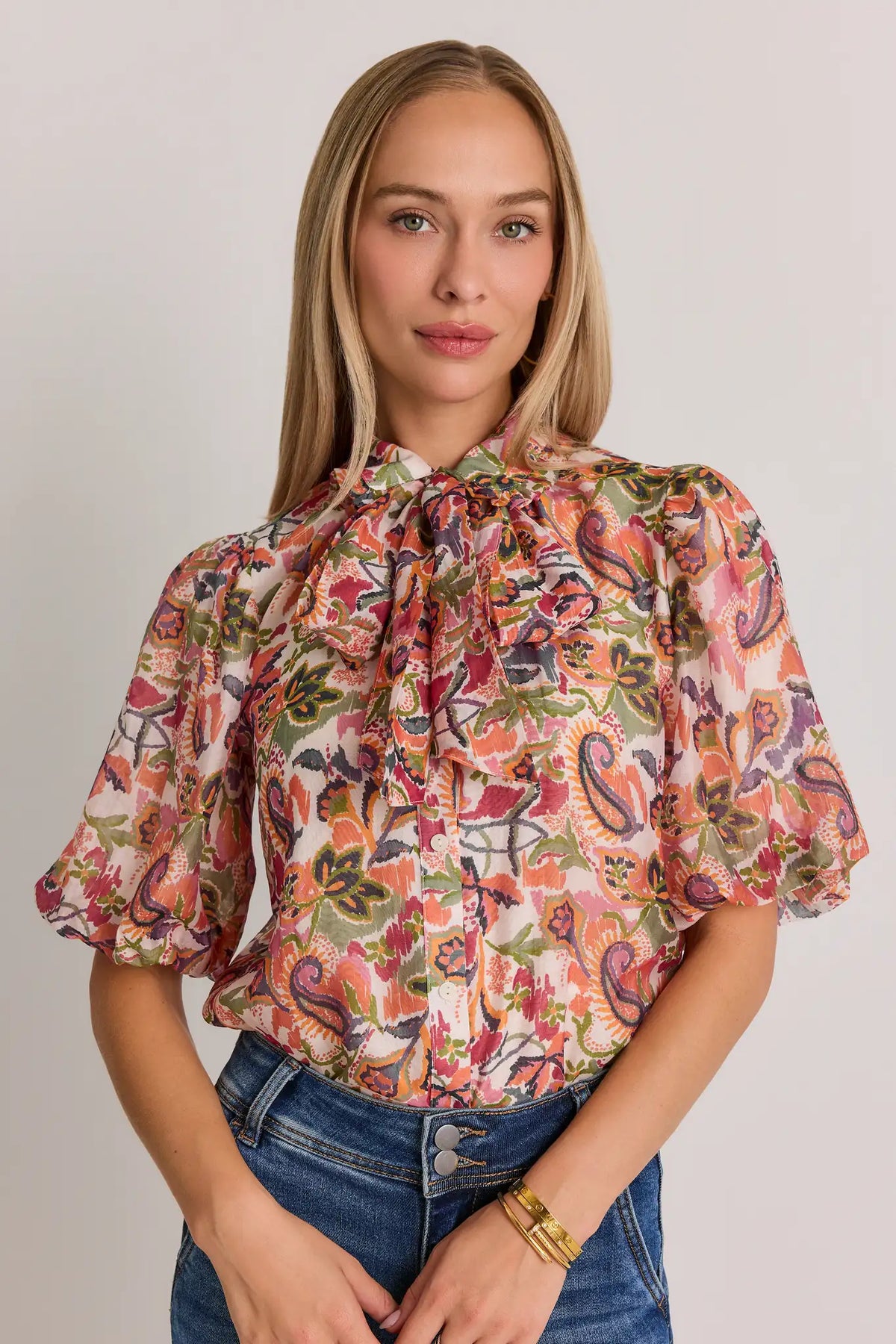 Multi Paisley Print Top Cropped Front View, Tie Neck Detail with Puff Sleeves | Avara