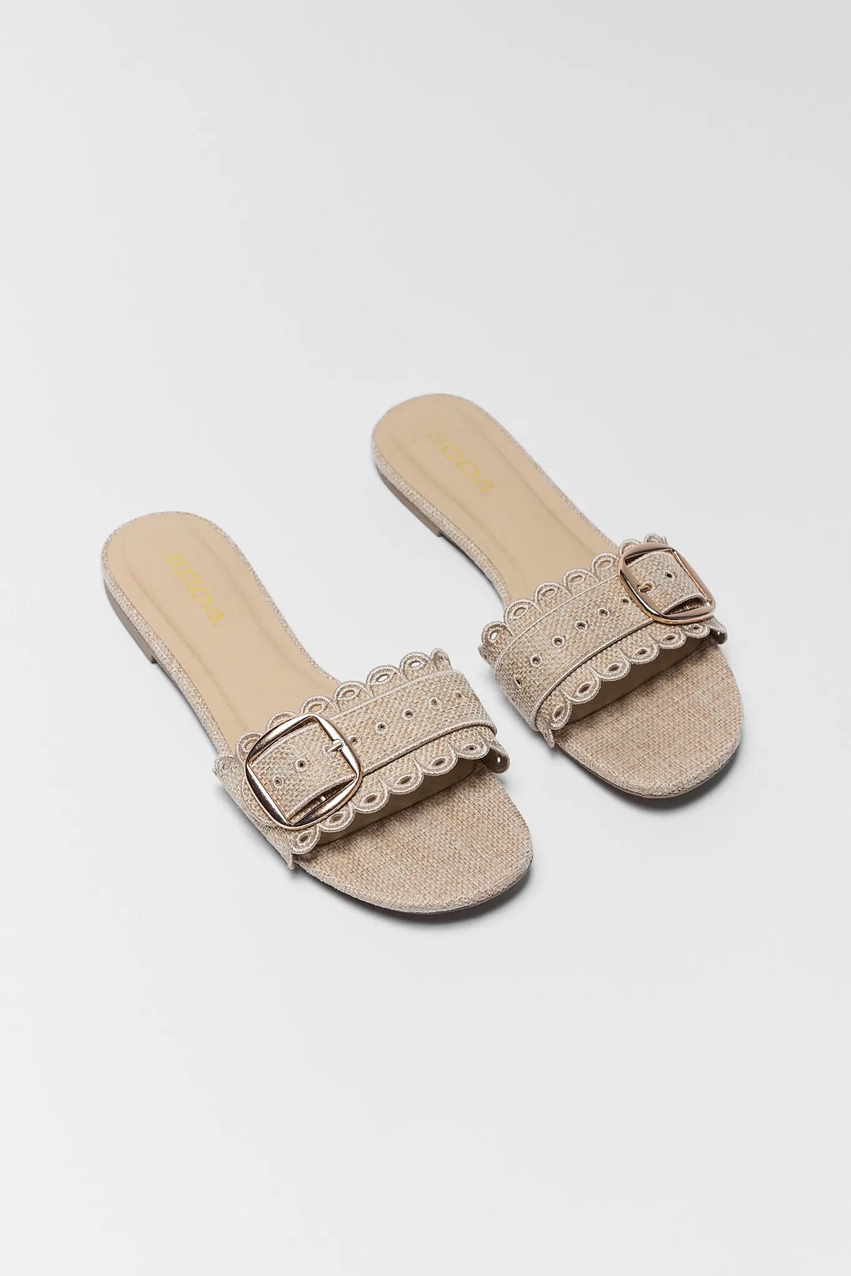 Nancy Tan Scalloped Buckle Sandals - Diagonal Pair View, Cute Buckle Sandals Scallop Detail | Avara