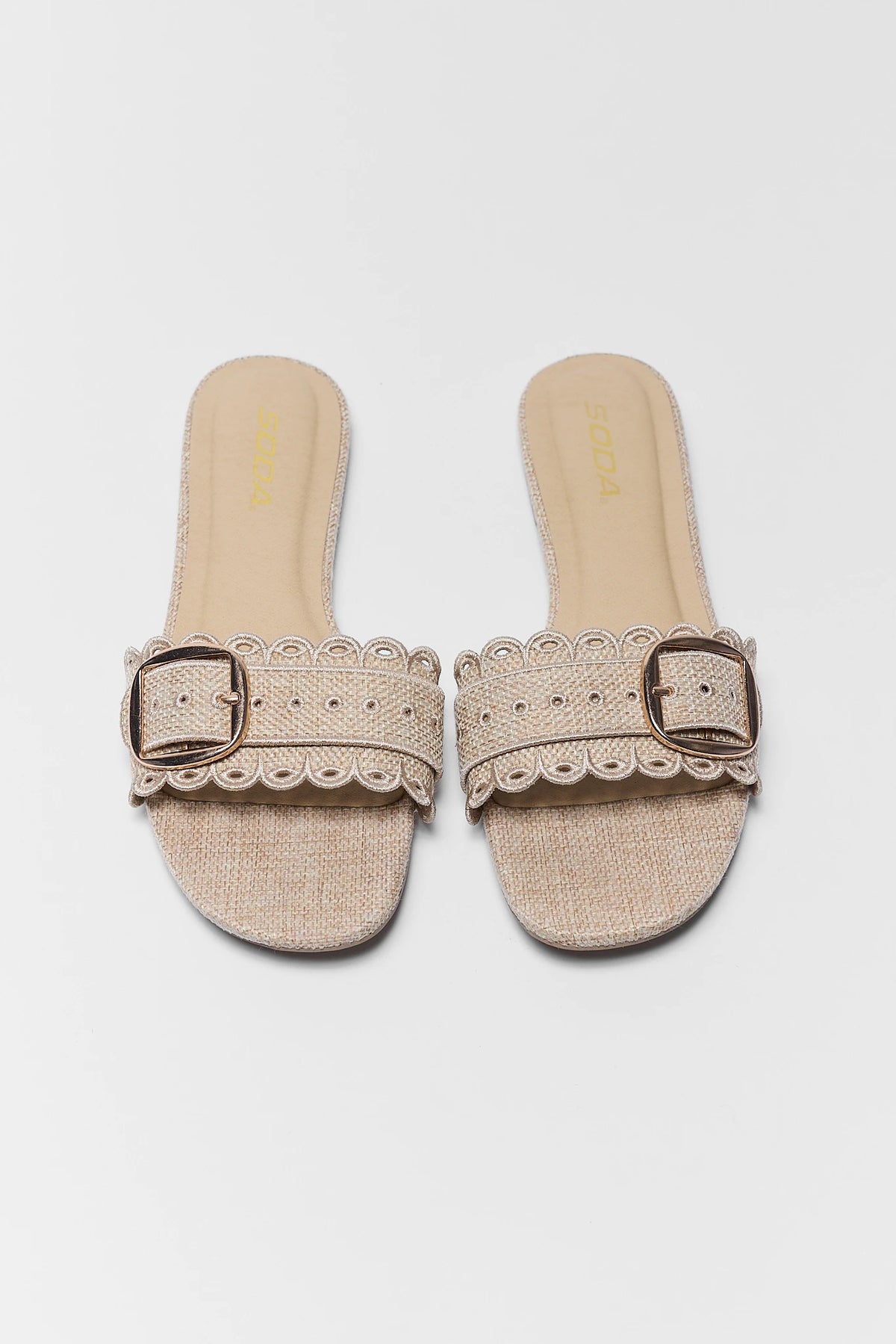Nancy Tan Scalloped Buckle Sandals - Front View Pair, Tan Buckle Sandals with Scallop Edge | Avara