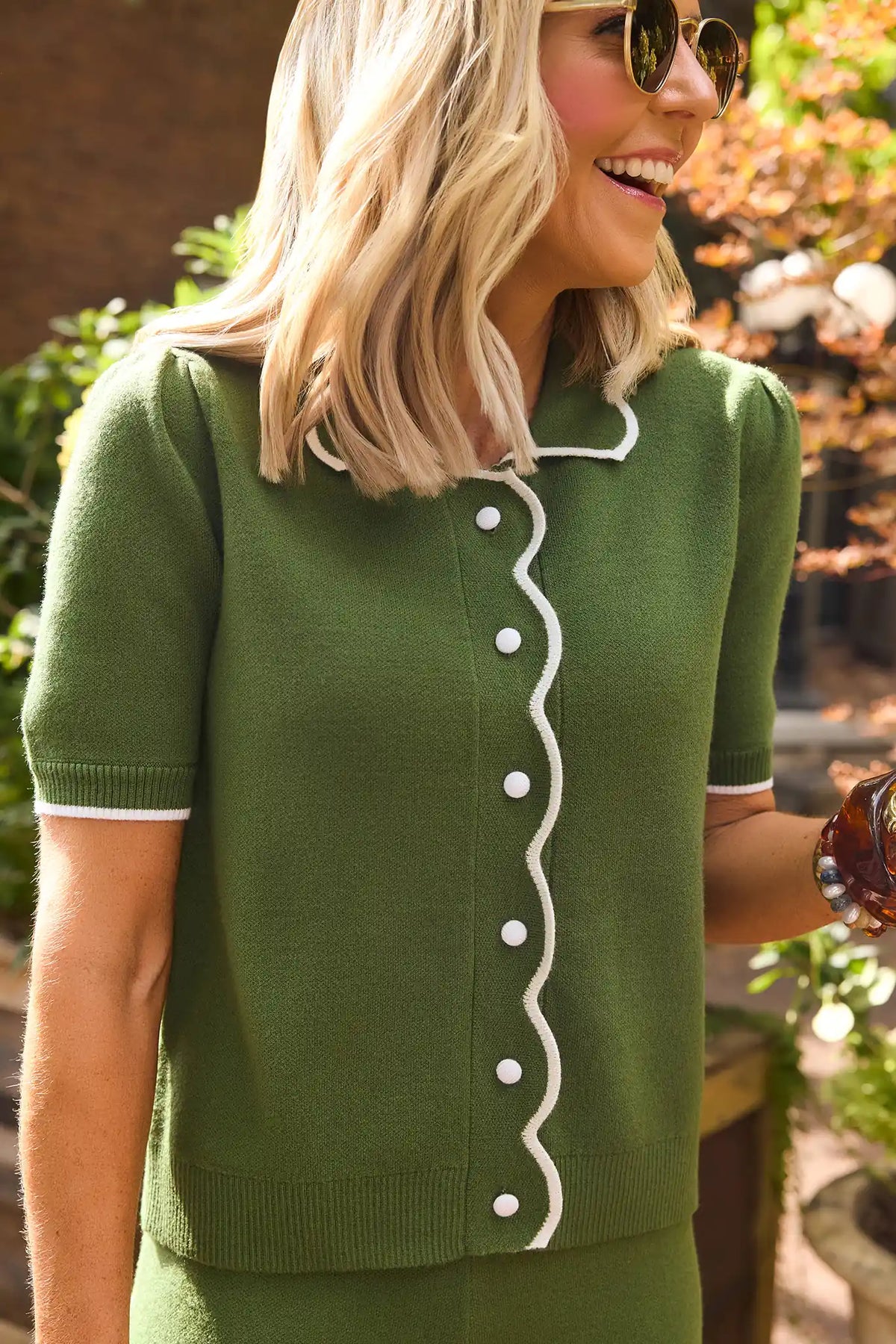 Green Knit Scalloped Trim Top - Close-Up Detail with White Button Placket | Avara