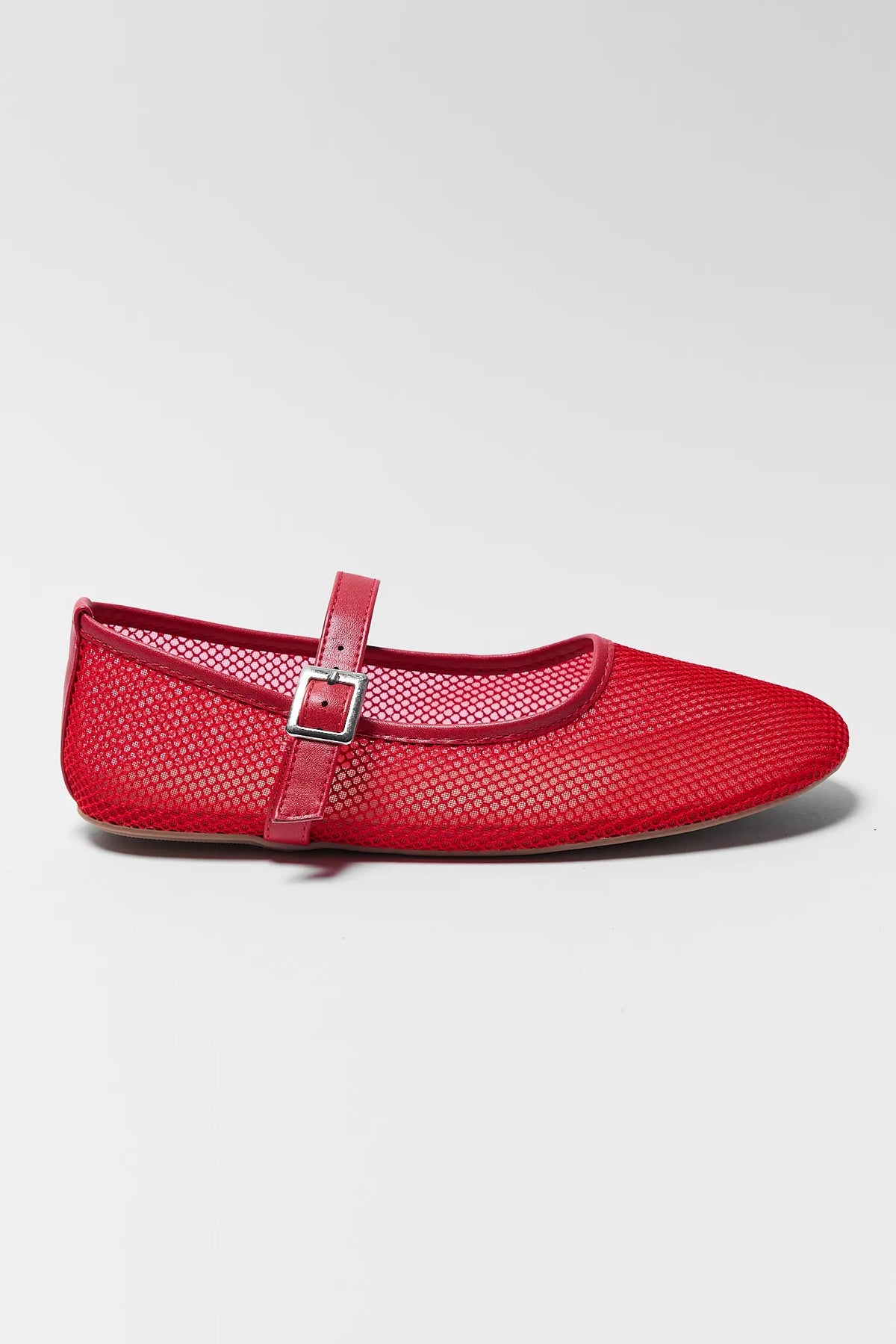 Red mesh flat with buckle strap - Side Profile of Naomi women's Mary Jane flat | Avara