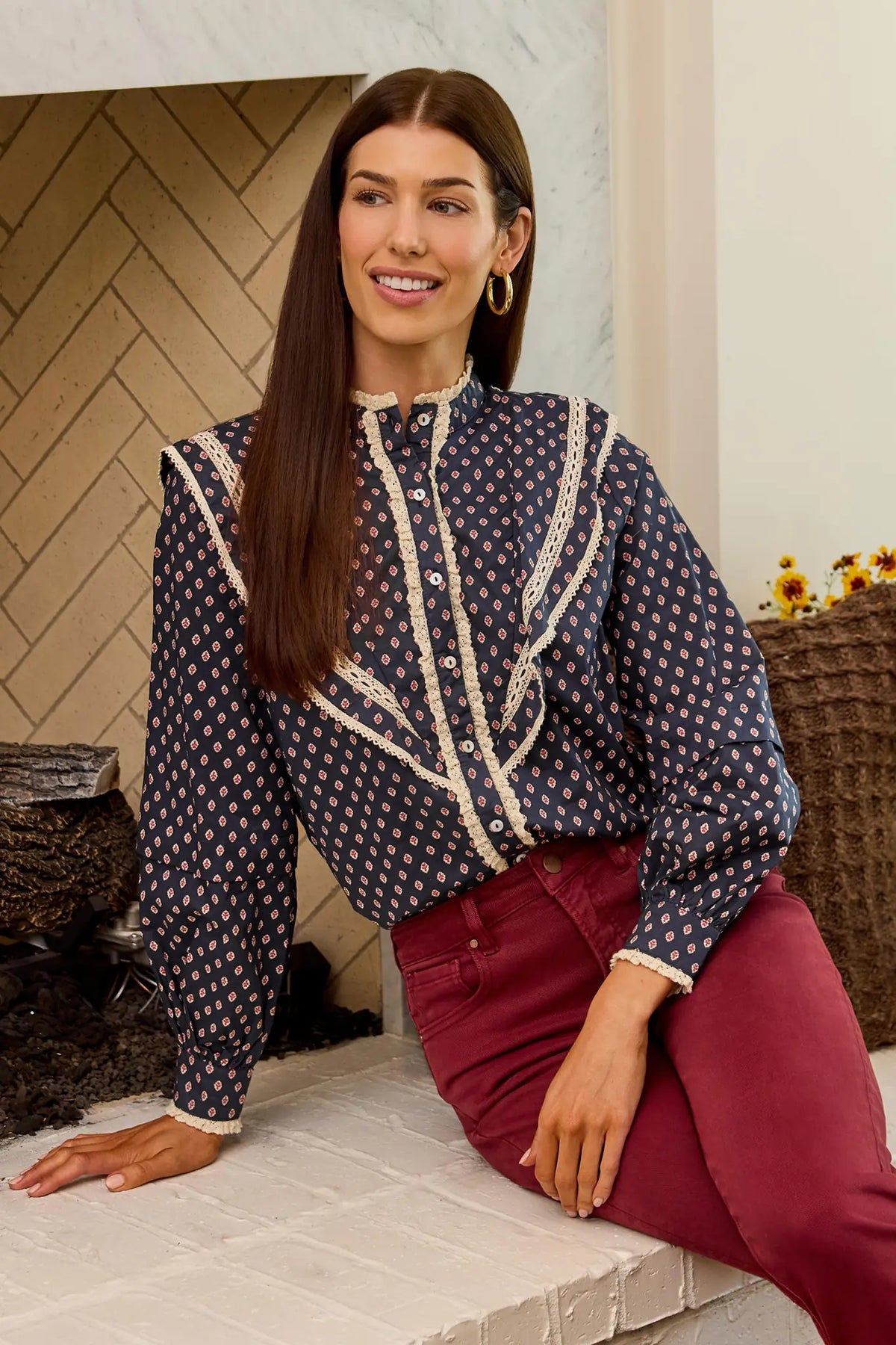 Navy Printed Cotton Button Up Ruffle Top - Styled Lifestyle Shot On Model | Avara