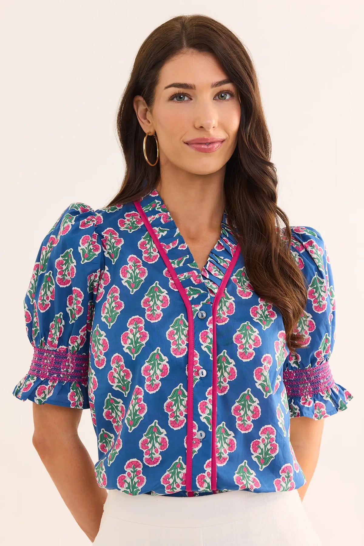 Navy floral block print smocked top with pink contrast trim, puff sleeves - Front View | Avara