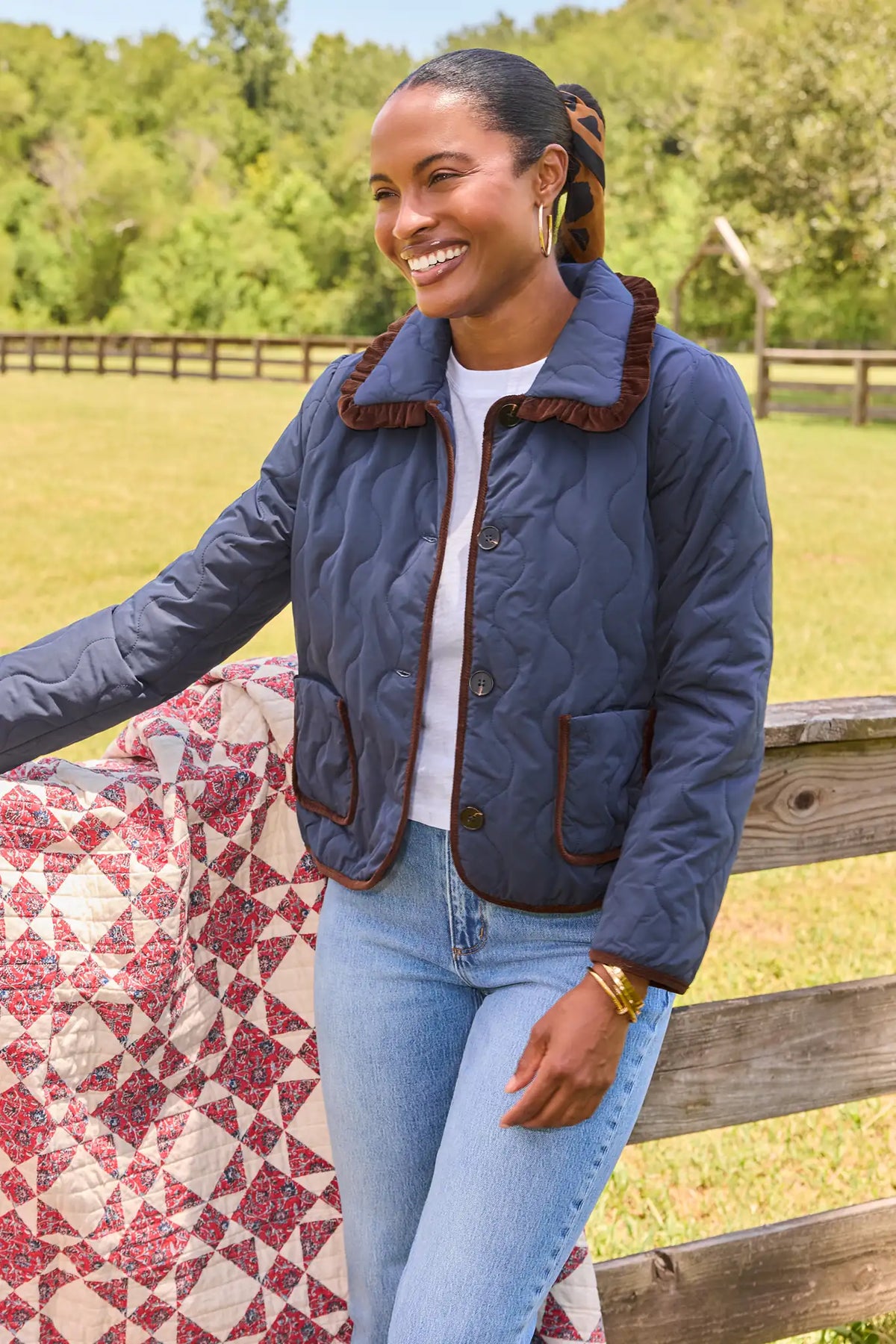 Navy Quilted Button Up Jacket - Lifestyle On Model Outdoor | Avara