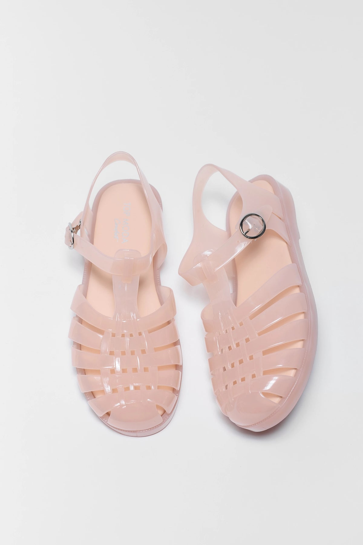 Nude Fisherman Jelly Sandals - Top View, woven cage design with ankle strap buckle | Avara