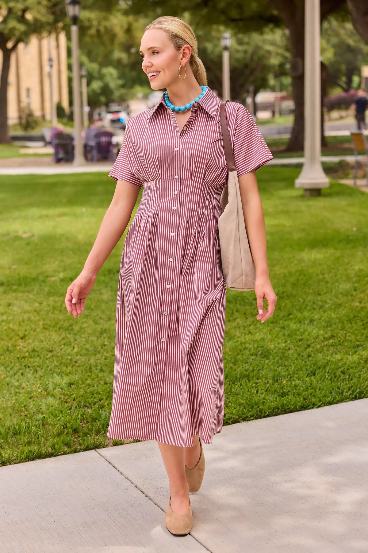 Olivia Red Striped Maxi Dress styled outdoors with beige tote and wedges — modest women's dress for work or weekends | Avara