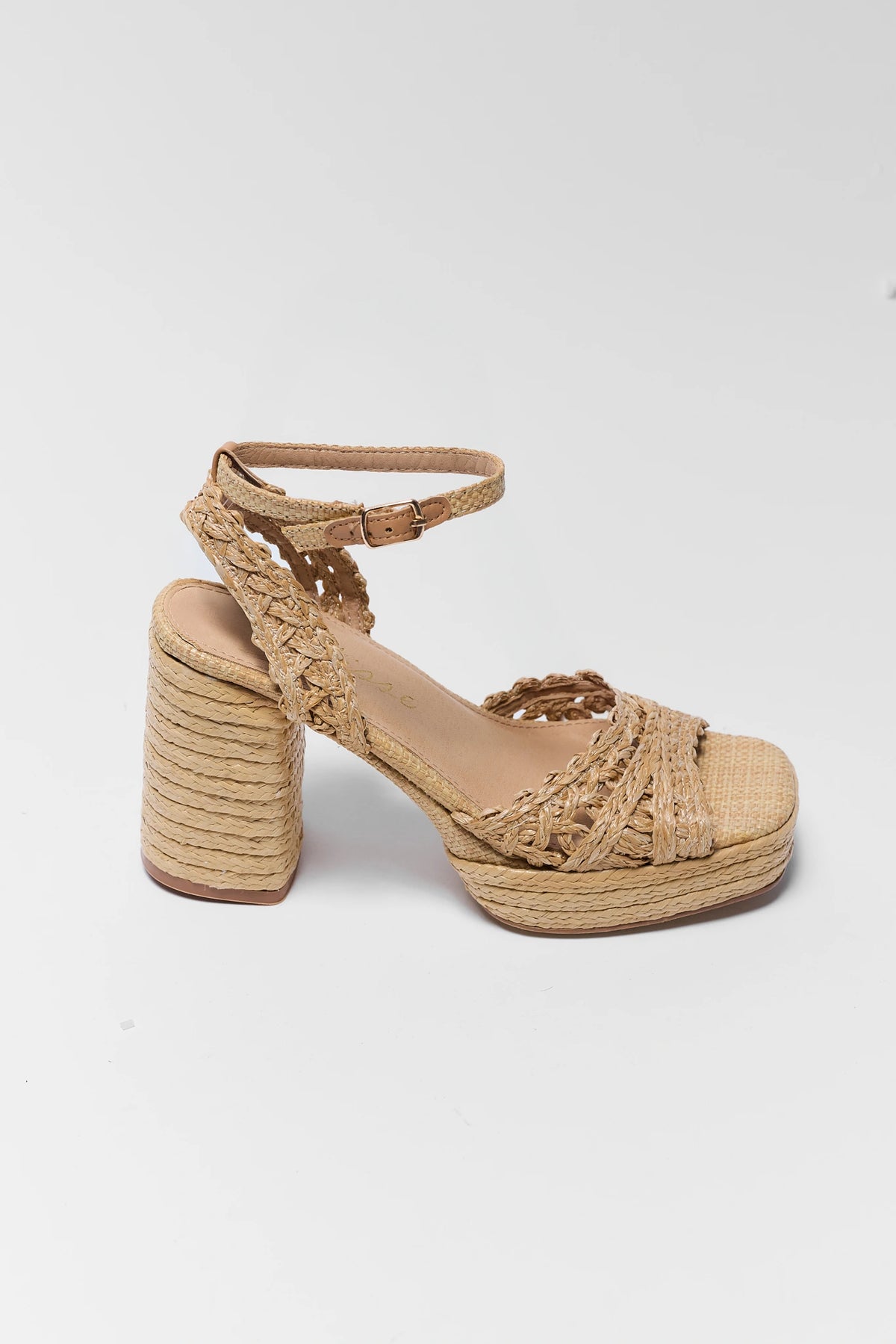 Tan raffia platform block heel sandal with ankle strap - Side Profile | Avara