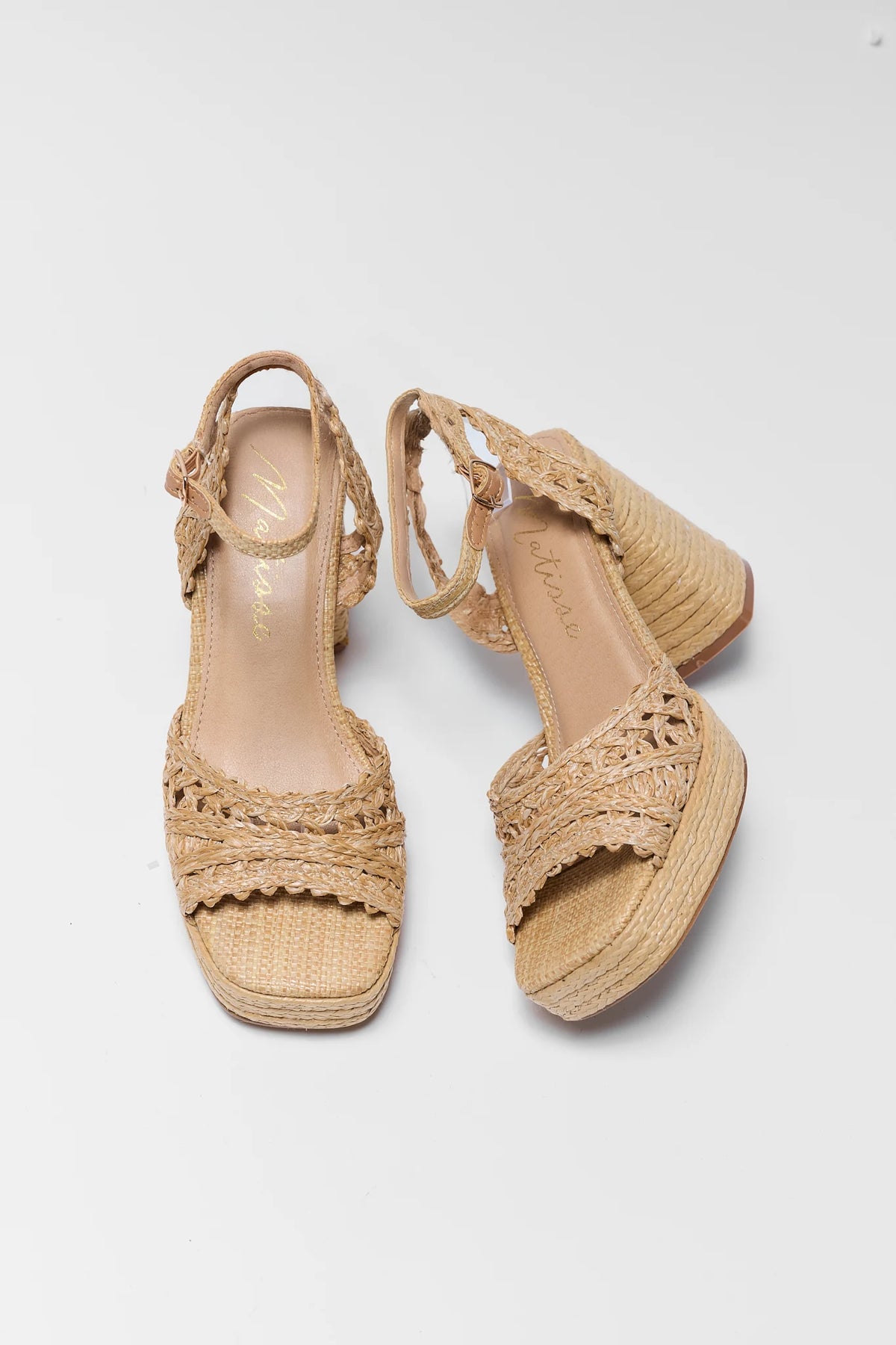 Tan raffia woven platform heels - Top-Down Pair View | Avara
