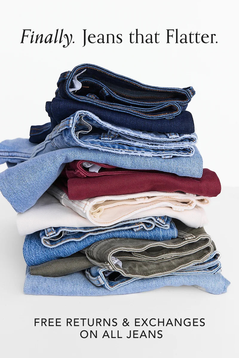 A stack of folded jeans in various washes and colors, including dark blue, light blue, maroon, cream, and gray, on a white background with promotional text.