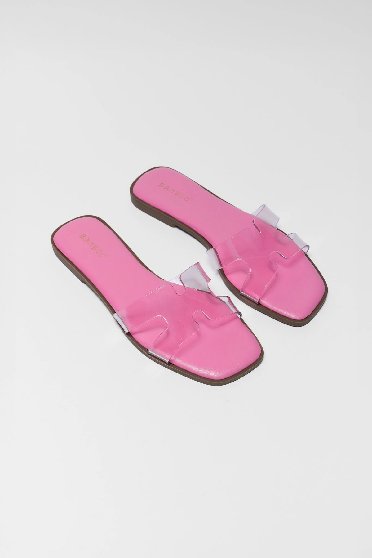 Pink Jelly Slip-On Sandals with clear strap - Overhead Flat Lay Pair | Avara