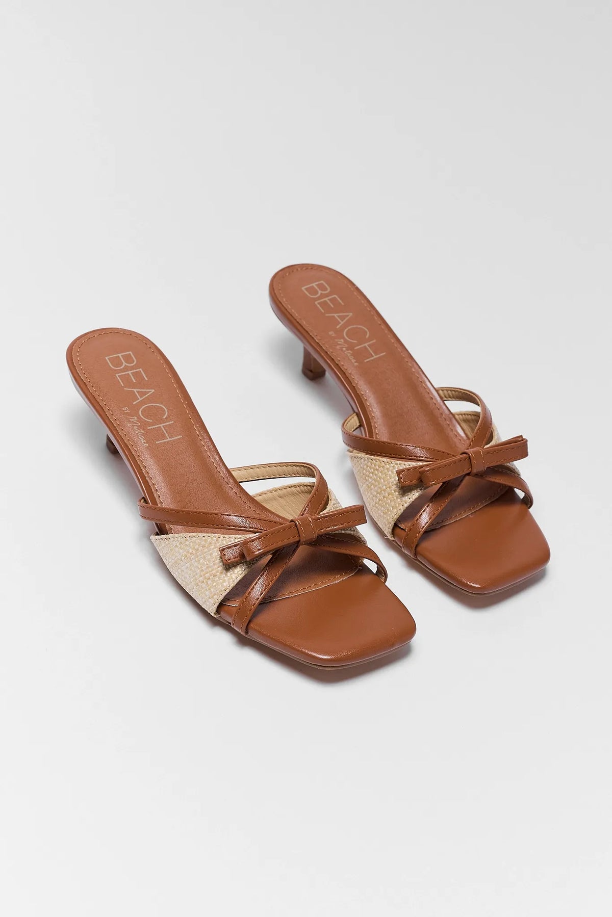 Portia Brown Raffia Kitten Heels - Angled Pair View, Brown Kitten Sandals | Avara